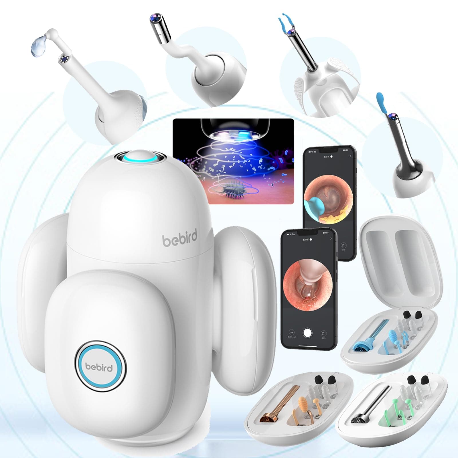 Bebird Home 30S Camera for Ear Canal Wax Removal Tool, Flexible Ear Viewing Scope OTO-Scope Cleaner with Cam, UVC Light, Visible Liquid Applicator & Tweezers, Video Earpick Kit for Adults & Kids