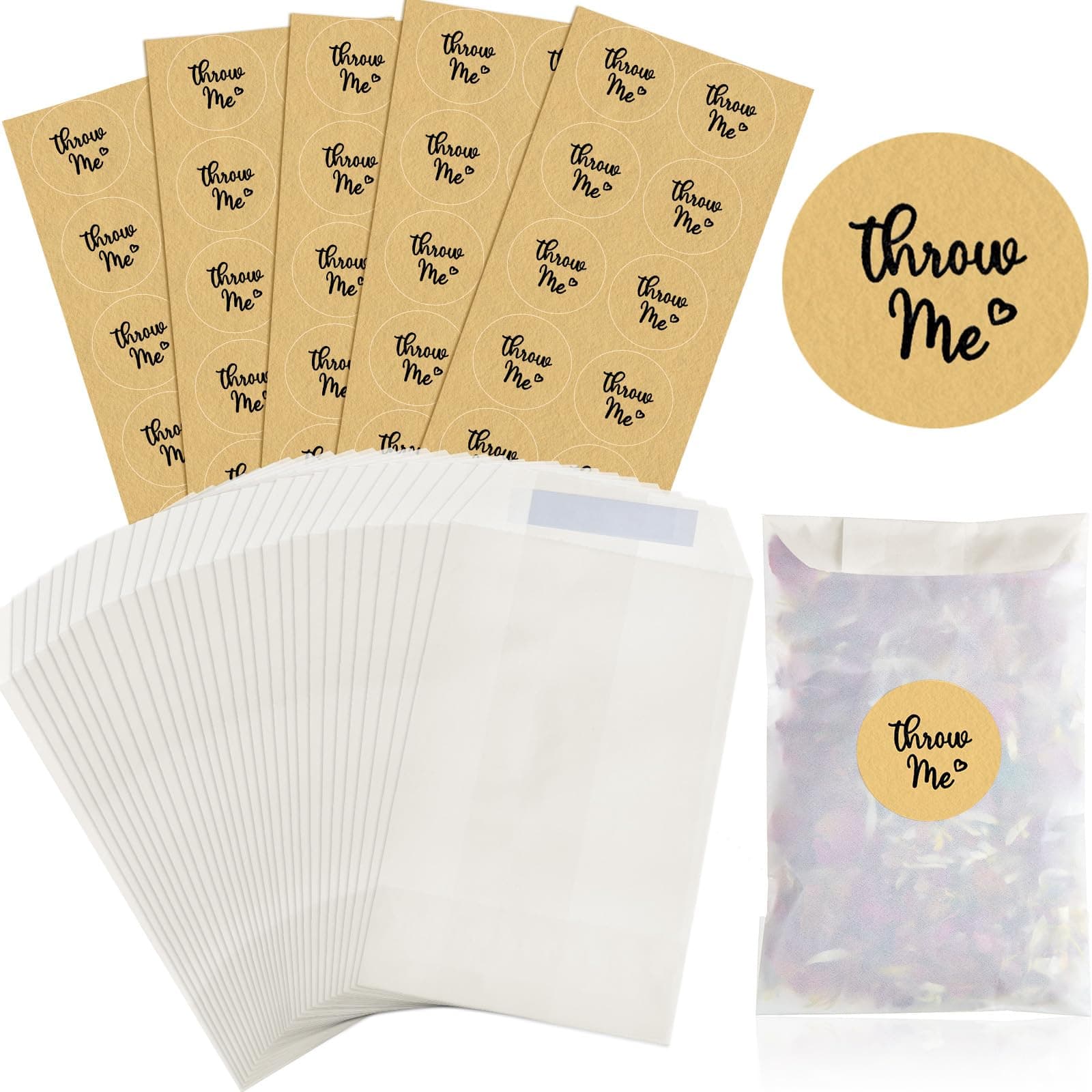 Tenare 50 Sets Wedding Confetti Bags Kit Include 50 Pieces 70 x 105 mm Confetti Glassine Bags and 50 Pieces Stickers Flower Petal Packets for Wedding Party favor(Stylish Style)