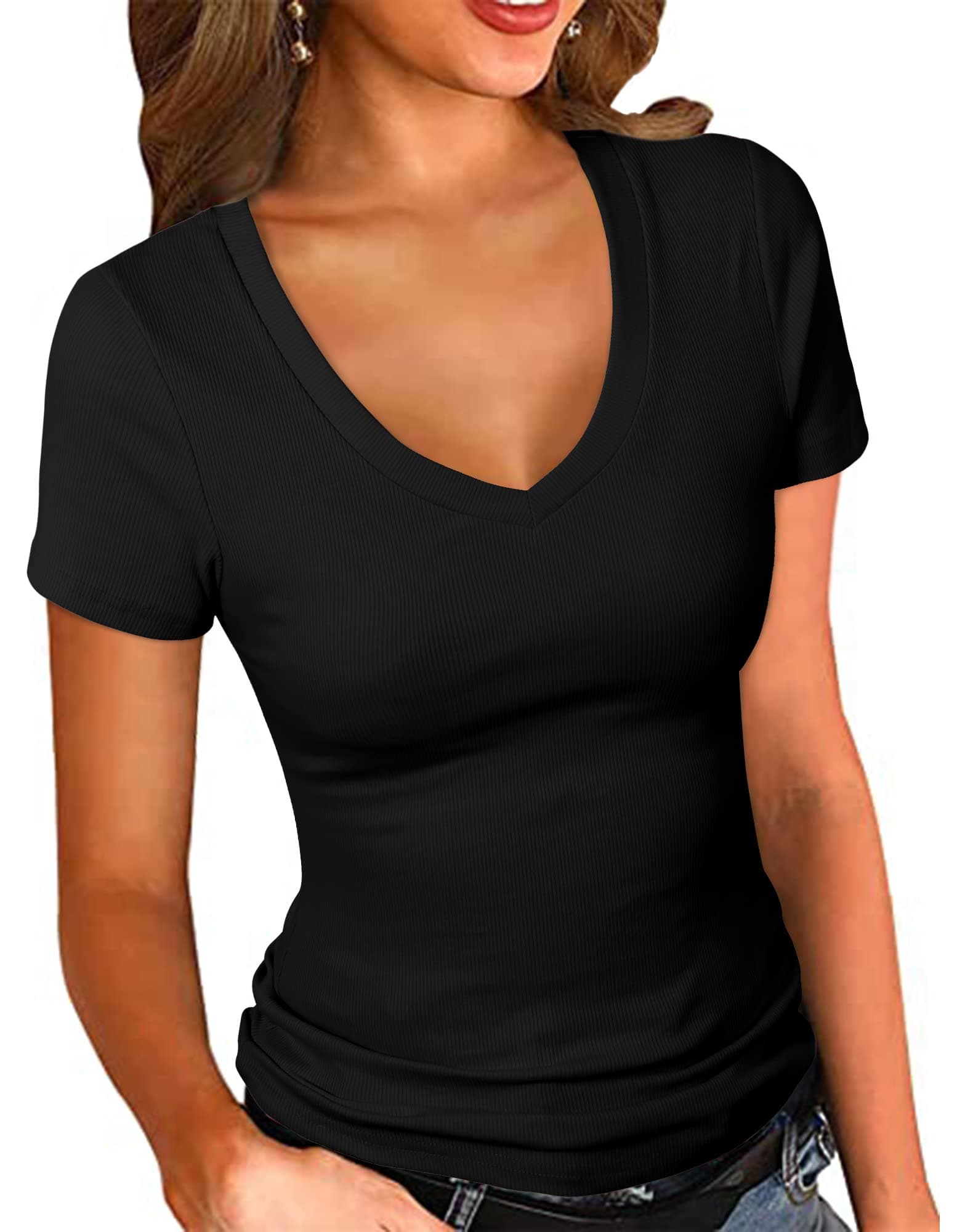 PALINDA Ribbed Fitted V Neck Shirts
