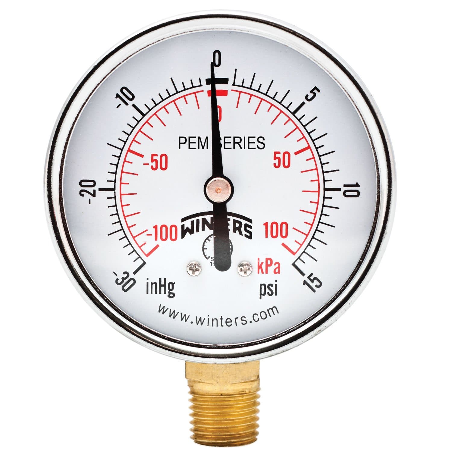 Winters 2-1/2 inch Dial Size, Multi Function Economy Utility Dry Pressure Gauge, Brass Internals, Steel Case, Dual Scale 30 inch Hg-0 Vac/kPa, 3-2-3% Acc, 1/4" NPT Bottom Mount, Vacuum Pressure Gauge