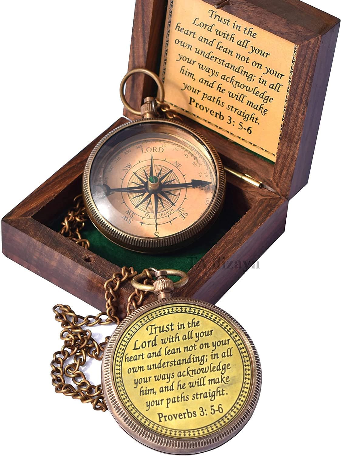Trust in The Lord With All Your Heart - Proverbs 3:5-6 Quote Engraved Compass With Wooden Box, Greeting Card, Gift Compass, Graduation Day Gifts 2024 for Women Men Boys Girls