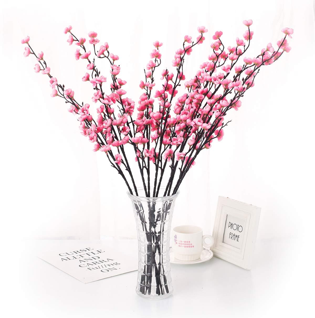 5 Pcs Artificial Plum Blossom Fake Wintersweet Long Stem Plastic Flowers Home Hotel Office Wedding Party Garden Decor 27.5'' High Pink