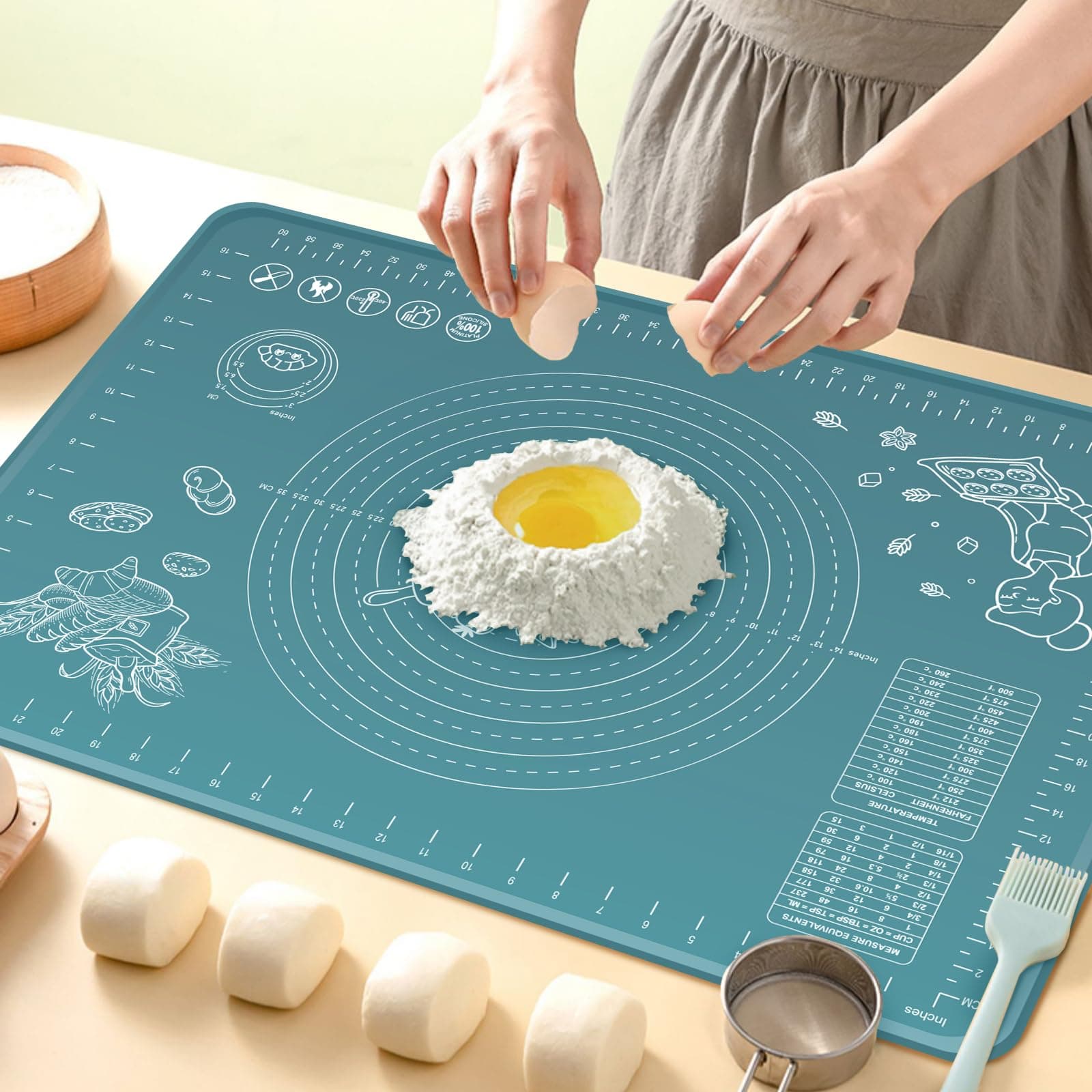 Silicone Pastry Mat 70x50 cm Extra Thick Non Stick Baking Mat with Measurements and Edge Heightening, Food Grade Silicone Rolling Dough Board for Pastry, Bread, Cookies, Pizza, Fondant, Pasta - Indigo