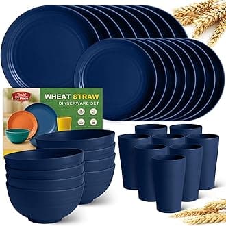 Teivio 32-Piece Kitchen Plastic Wheat Straw Dinnerware Set, Service for 8, Dinner Plates, Dessert Plate, Cereal Bowls, Cups, Unbreakable Plastic Outdoor Camping Dishes, Midnight Blue
