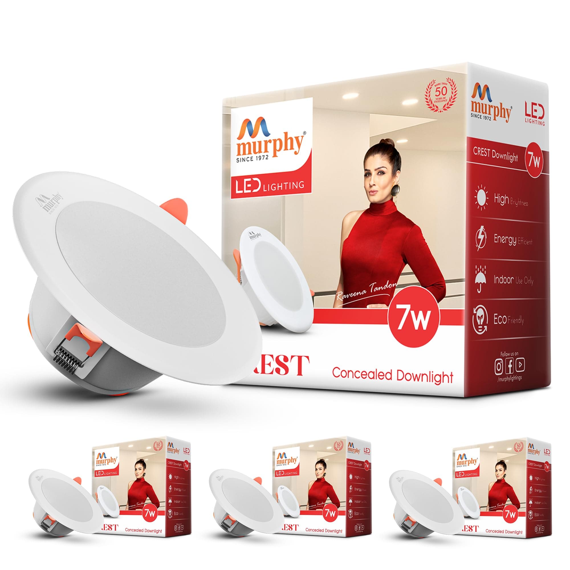 Murphy Crest Premium 7W LED Concealed Down Light | Cool White | Slim Modern False Ceiling Lighting | Suitable for 3-Inch Cutout | 2-Year Warranty | Pack of 4