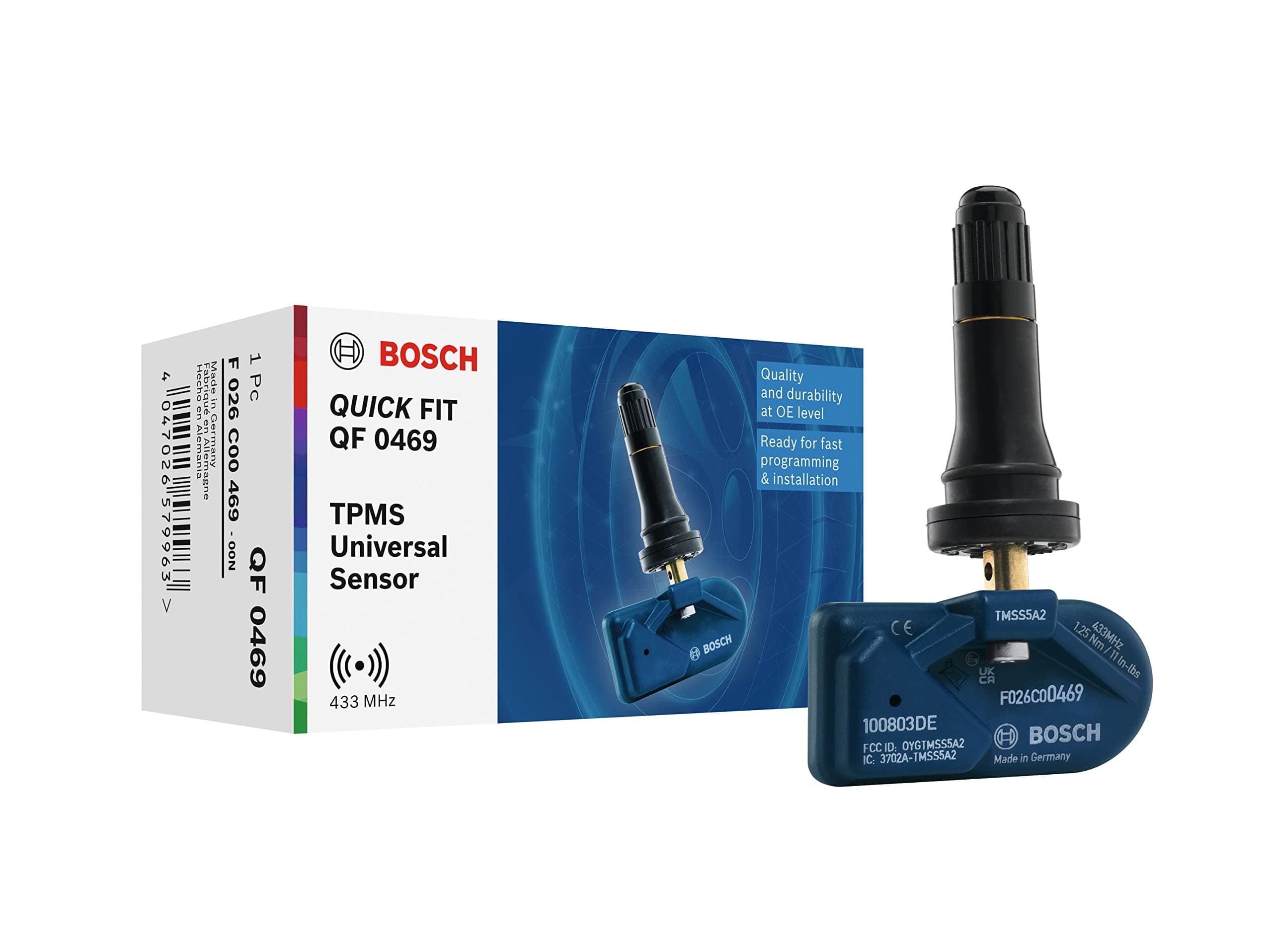 Bosch F026C00469 - QF0469 - Programmable QUICK FIT TPMS sensor - Tyre pressure sensor with black rubber valve - 433.92 MHz