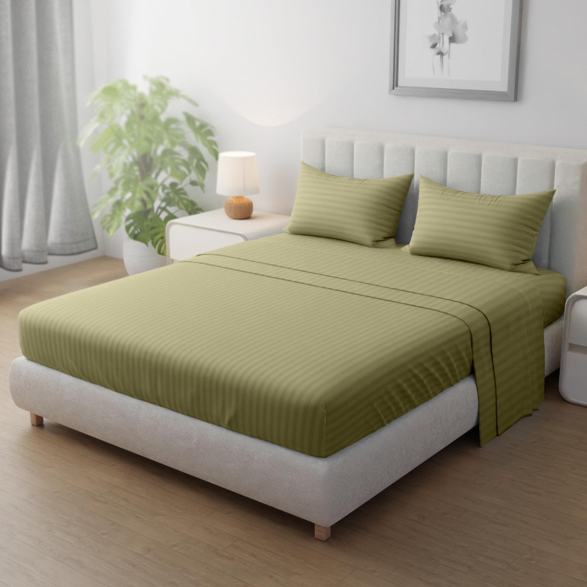 Hotel Linen Klub Striped Microfiber Fitted Sheet Set - King (180 x 200 cm) + 2 Pillowcases (50 x 75 cm), Ultrasoft Plush Fabric, Premium, Durable Quality, and Deep Pocket for a Perfect Fit, Olive