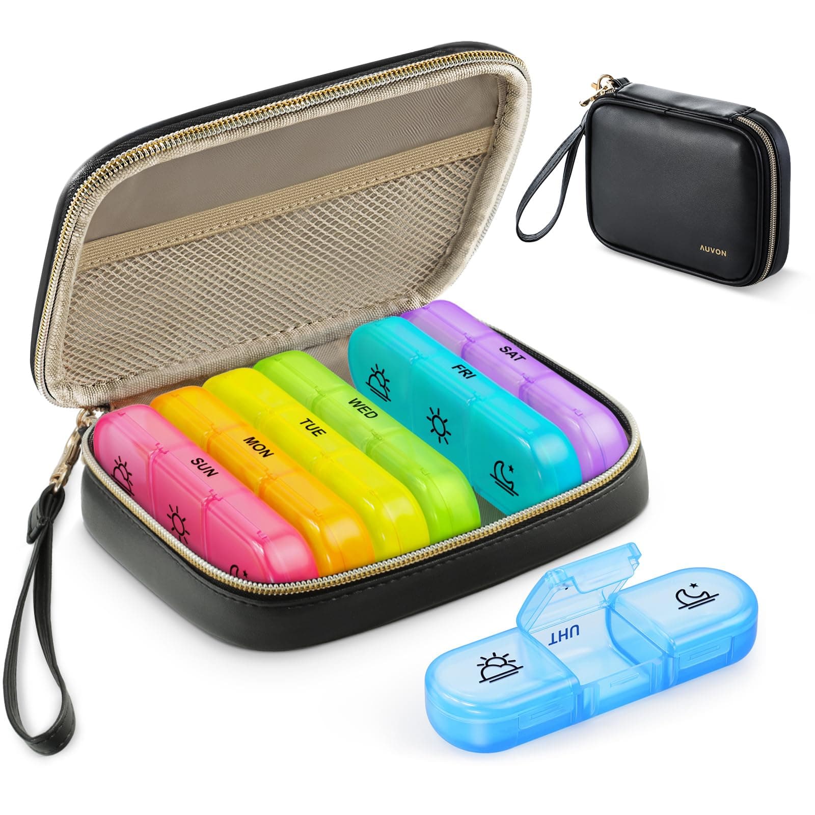 AUVON Weekly Pill Organizer 3 Times a Day Large Pill Box with 7 Days PU Leather Bag Protabel Travel Pill Case Medicine Reminder Daily Pill Box 3 Times a Day Vitamin Fish Oil Supplement