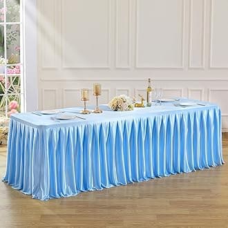 8FT Blue Satin Tablecloths for Rectangle Tables - Shiny Spandex Party Table Cover with Pleated Table Skirt, No-Wrinkle & Glossy Wedding Tablecloth One-Piece for Birthday Baby Shower Banquet Ceremony