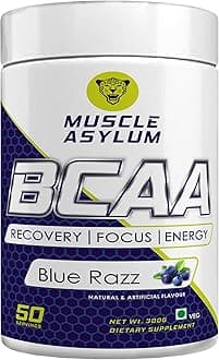 Muscle Asylum Pure Bcaa | 50 Serving, 300G, | Blue Razz | With Genuine Lab Reports | Bcaas With Nootropics Matrix | Fast Recovery, Powder