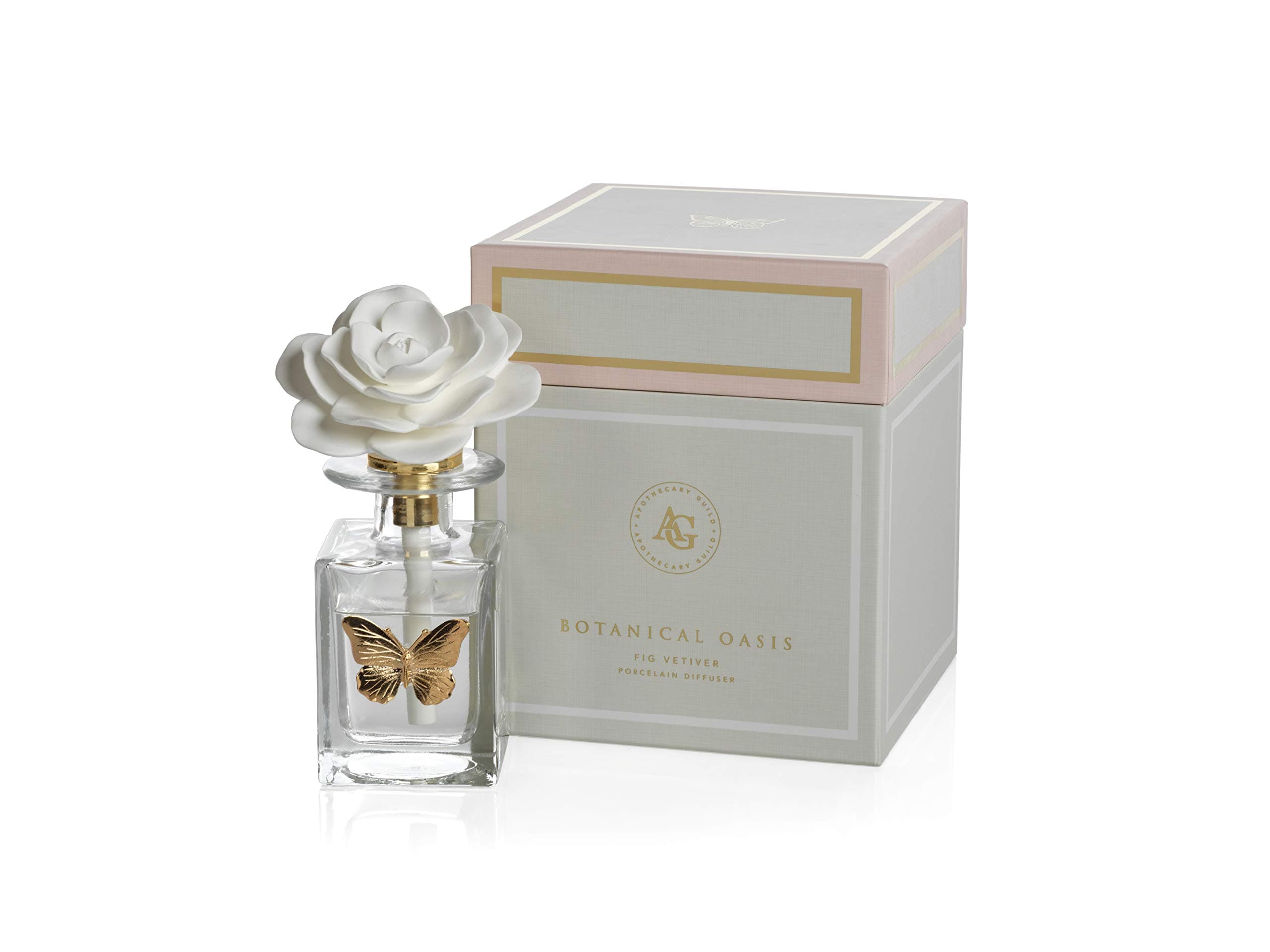 ZodaxApothecary Guild Botanical Porcelain Diffuser 3.75" x 3.75" x7" Fig Vetiver Butterfly