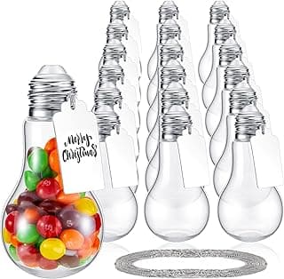 48 Pieces 100 ML Plastic Light Bulb Jars with Card and String, Light Bulb Candy Containers Clear Candy Jars Fillable Lightbulb Ornaments for Christmas Crafts Party Favors(Silver)