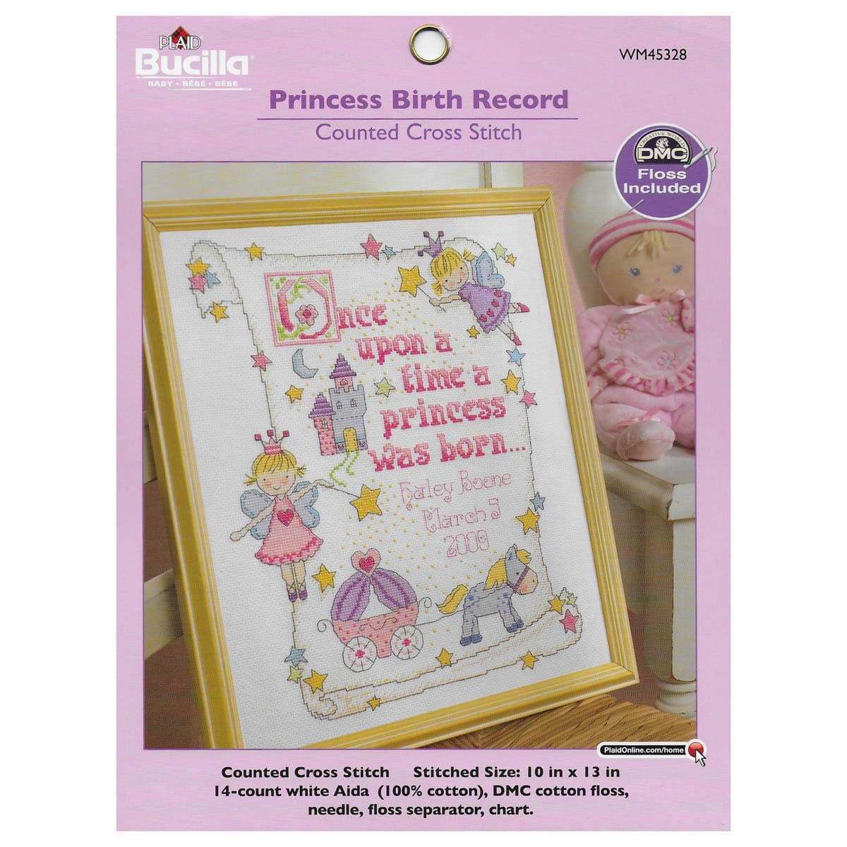Bucilla 10 x 13-inch Princess Birth Record 14 Count Counted Cross Stitch Kit