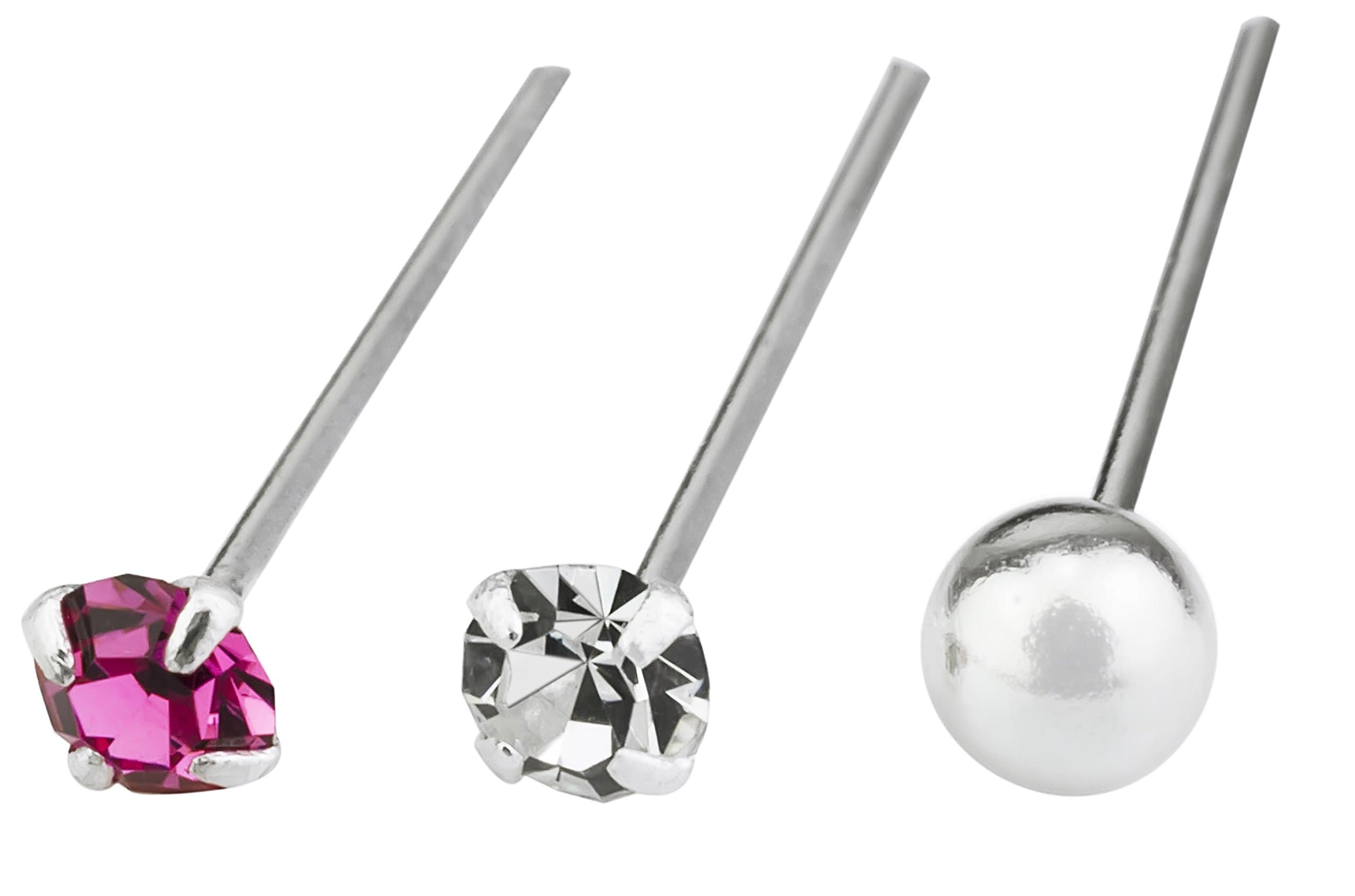Pack of 24 Sterling Silver Nose Studs Clawset (gem can not fall out) 5 Colors & Silver Plain Ball 3mm,2mm,1.5mm