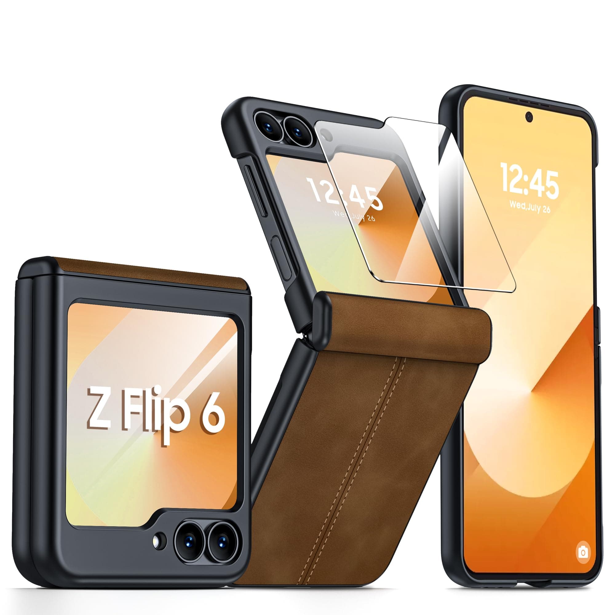 for Samsung Galaxy Z Flip 6 Case/Z Flip 7 FE Case with Hinge Protection & Built-in Screen Protector, Ultra Thin Leather Shockproof Cover Phone Case for Galaxy Z Flip 6/Z Flip 7 FE-Brown