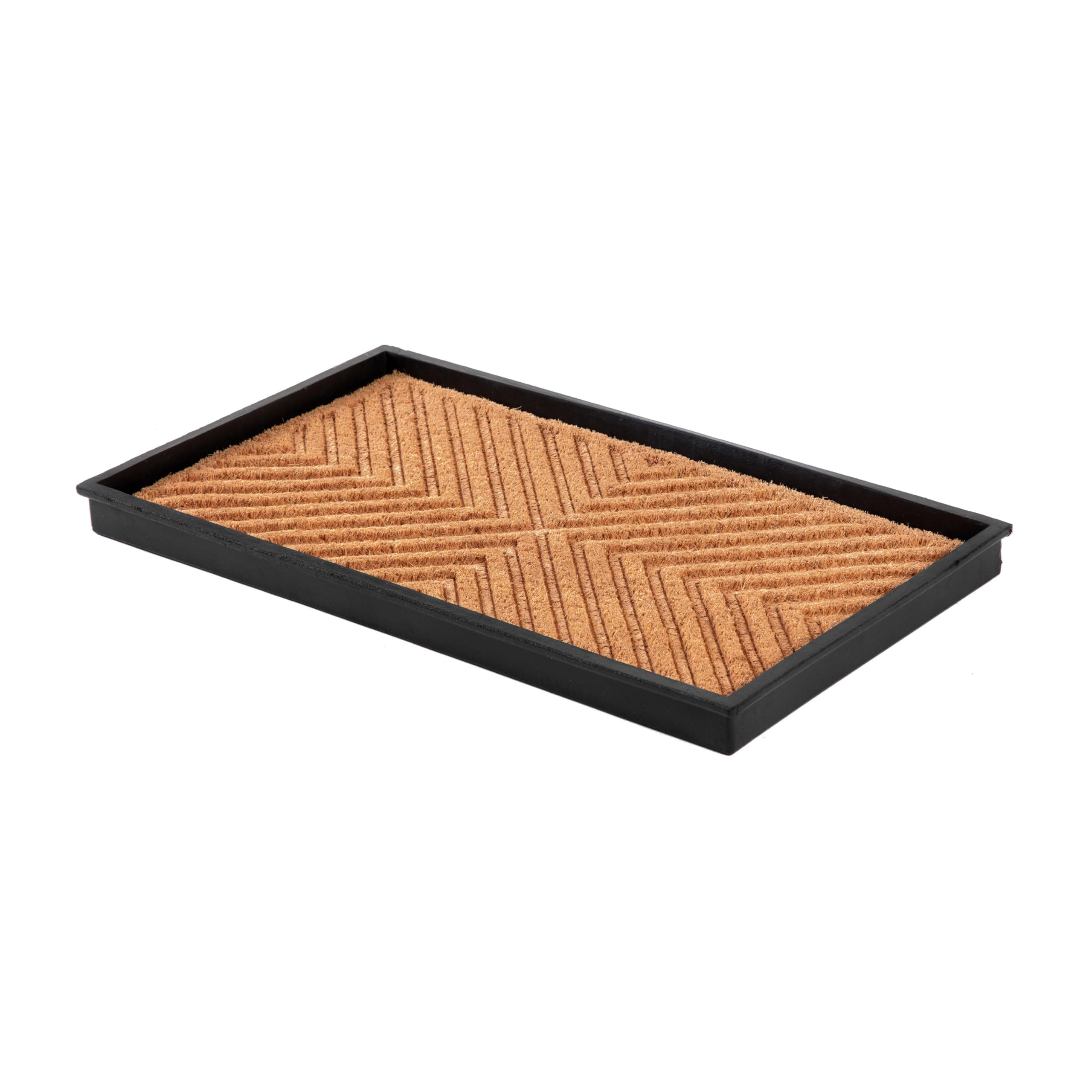 Heavy Duty Waterproof Rubber Shoe Storage Mat Organizer/Boot Storage Tray Multi Use for Entryway with Coir, Tan Cross Embossed Insert, Fits 2 Pair (24.5" Wide)