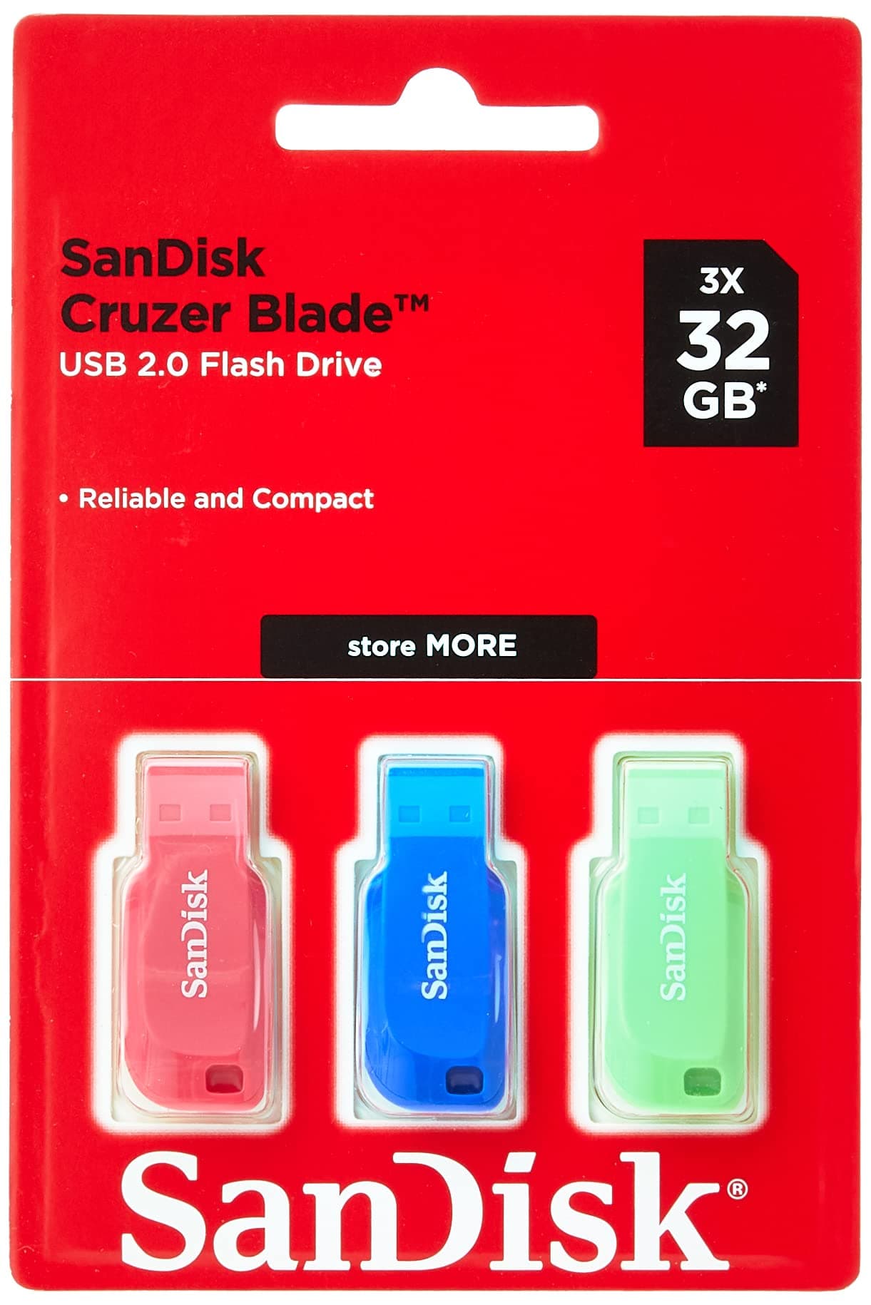 SanDisk Cruzer Blade 32GB USB Flash Drive-3-Pack-Blue/Pink/Green