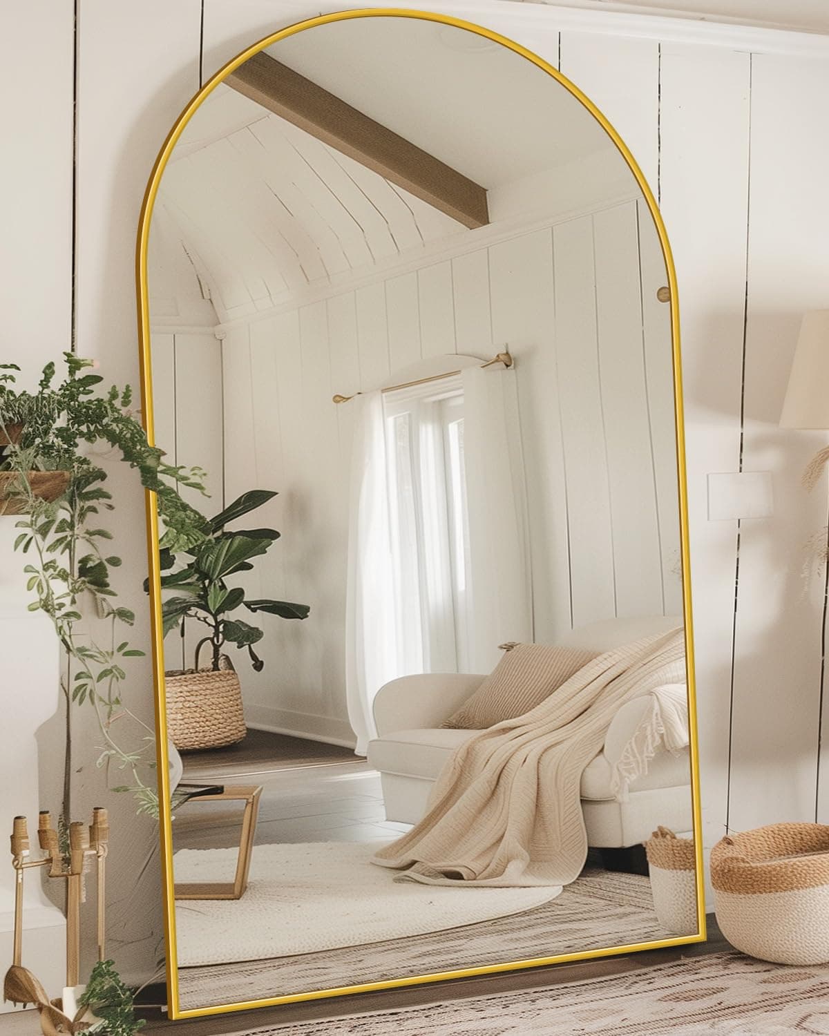 Full Length Mirror, 44"x72" Oversized Floor Mirror, Arched Full Body Mirror with Stand Large Floor Standing Mirror, Hanging Mounted Mirror for Bedroom, Living Room Cloakroom, Gold