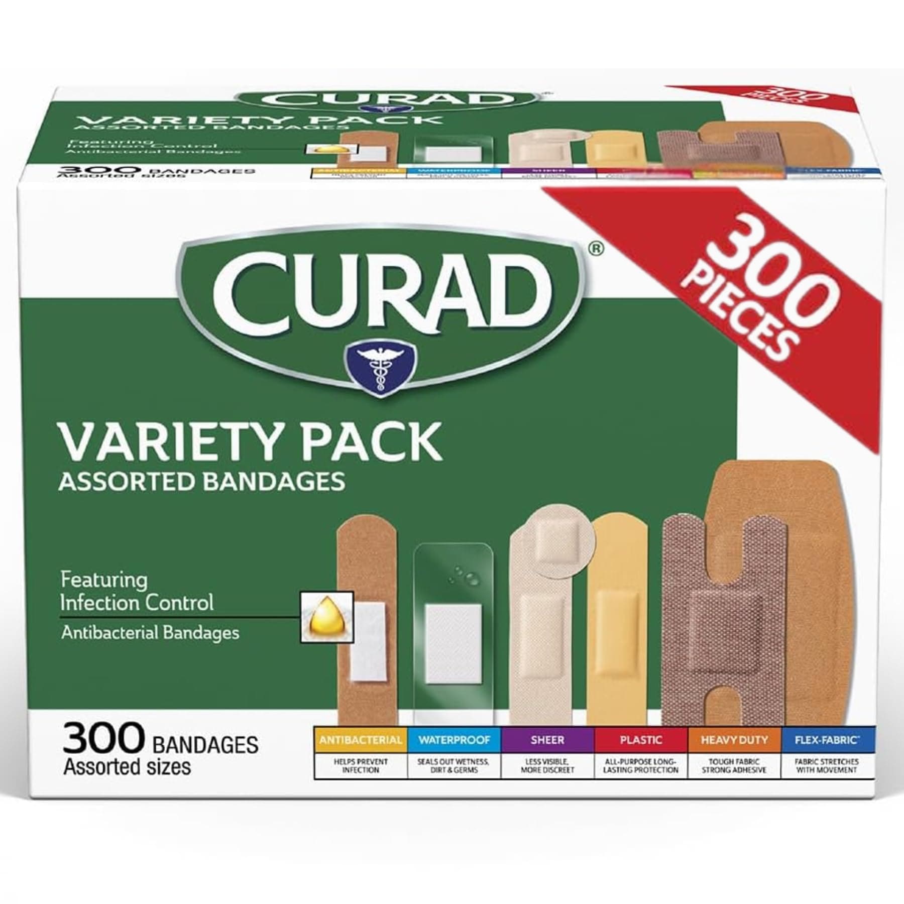 CURAD Assorted Bandages Variety Pack, 300 Count, 6 Styles Including Antibacterial, Waterproof, Sheer, Plastic, Heavy Duty & Flex-Fabric, Protects Scrapes, Cuts & Burns, Latex-Free