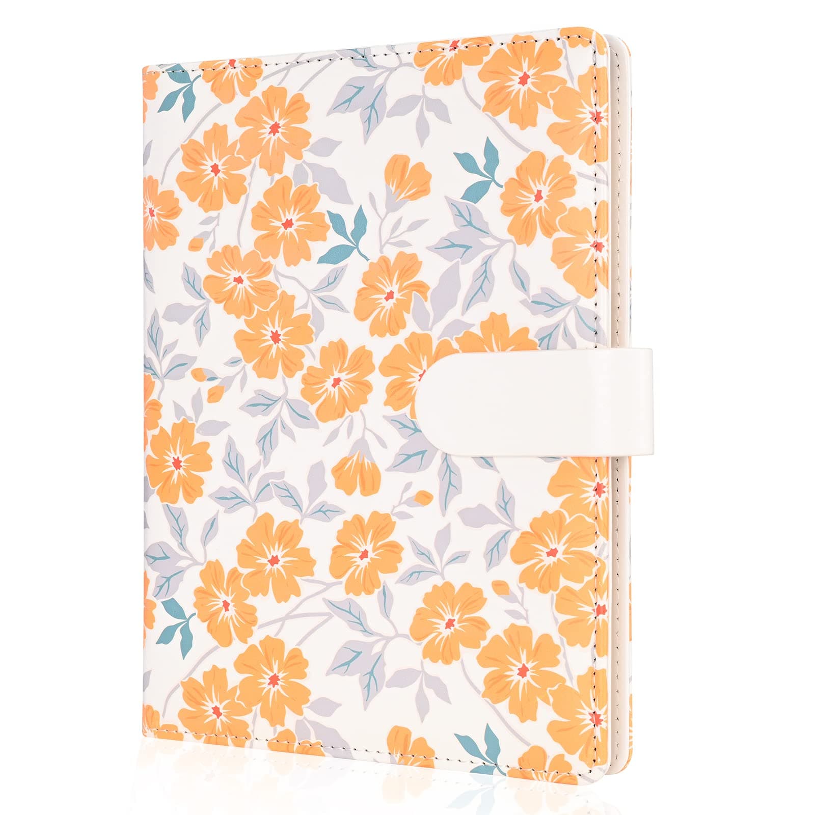 Floral Personal Organiser, A5 PU Leather Binder Journal, Refillable A5 Notebook Folio Portfolio Cover, 6 Ring Binder Organizer with Magnetic Buckle Closure,White