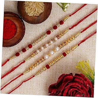 eCraftIndia Set of 4 Rakhi Combo Hamper | Red Golden & White Beads Pearl Diamond Designer Rakhis | Roli Chawal Pack | Raksha Bandhan Rakhi for Brother Bhaiya Bhai