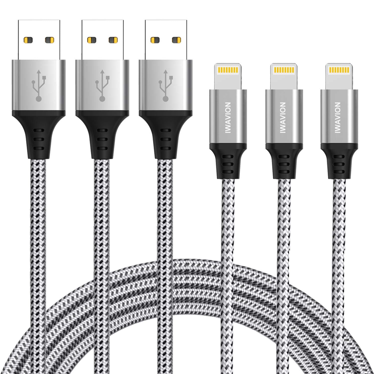 iPhone Charger, 3pack 3ft/1m Lightning Cable, Nylon Braided MFi Certified USB Sync Cord for Fast Charging, Compatible With iPhone XS Max X XR 8 7 6s 6 Plus, iPad Mini - Silver/B