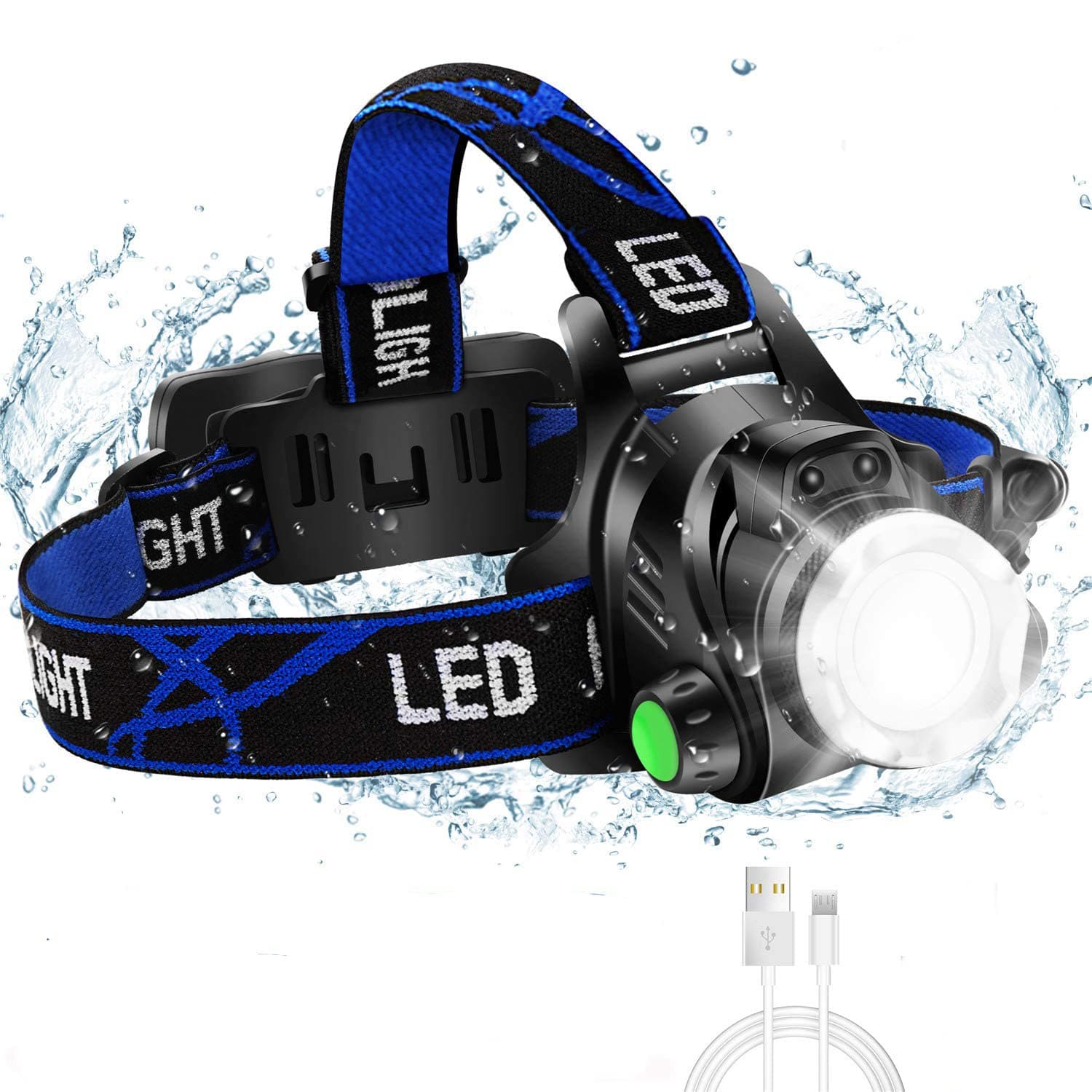 Super Bright Headlamp, USB Rechargeable Led Head Lamp, IPX4 Zoomable Waterproof Headlight with 4 Modes, Hard Hat Light Perfect for Camping, Hiking, Outdoors, Hunting, Running
