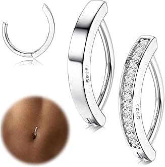 2Pcs 14G Belly Button Rings for Women Hypoallergenic 925 Sterling Silver CZ Belly Button Ring Simple Clicker Reverse Curved Navel Rings Barbell Belly Piercing Jewelry