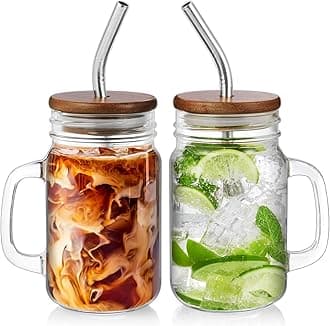 Iced Coffee Cup, 16 oz Mason Jar Cups with Handle, Small Glass Coffee Mugs with Straws and Acacia Lids, Drinking Glass Cups Set of 2, Smoothie, Overnight Oats Containers