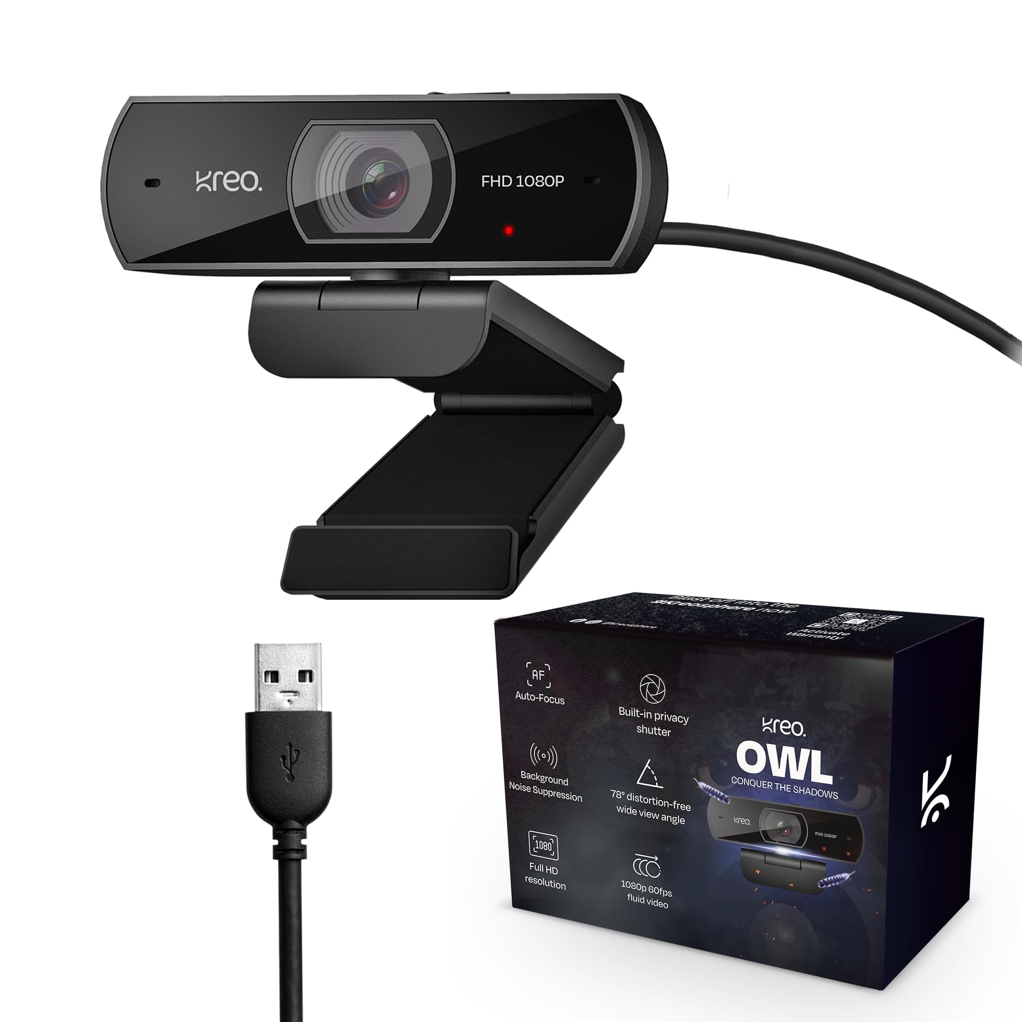 Owl Full HD 1080P 60 FPS Webcam with Auto-Focus and Built-in Dual Digital Mic, Plug and Play Setup for Video Call, Streaming, YouTube and More, Built-in Privacy Shutter with 360 Rotation (Black)