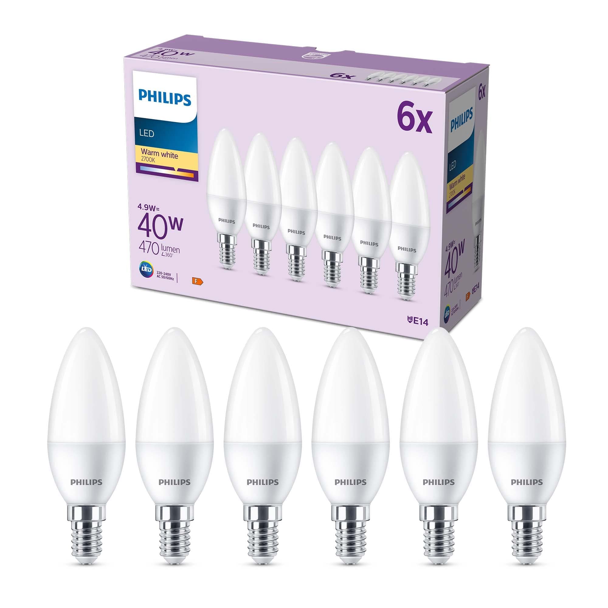 Philips LED Frosted B35 Candle Light Bulb 6 Pack [Warm White 2700K - E14 Small Edison Screw] 40W, Non Dimmable. for Home Indoor Lighting