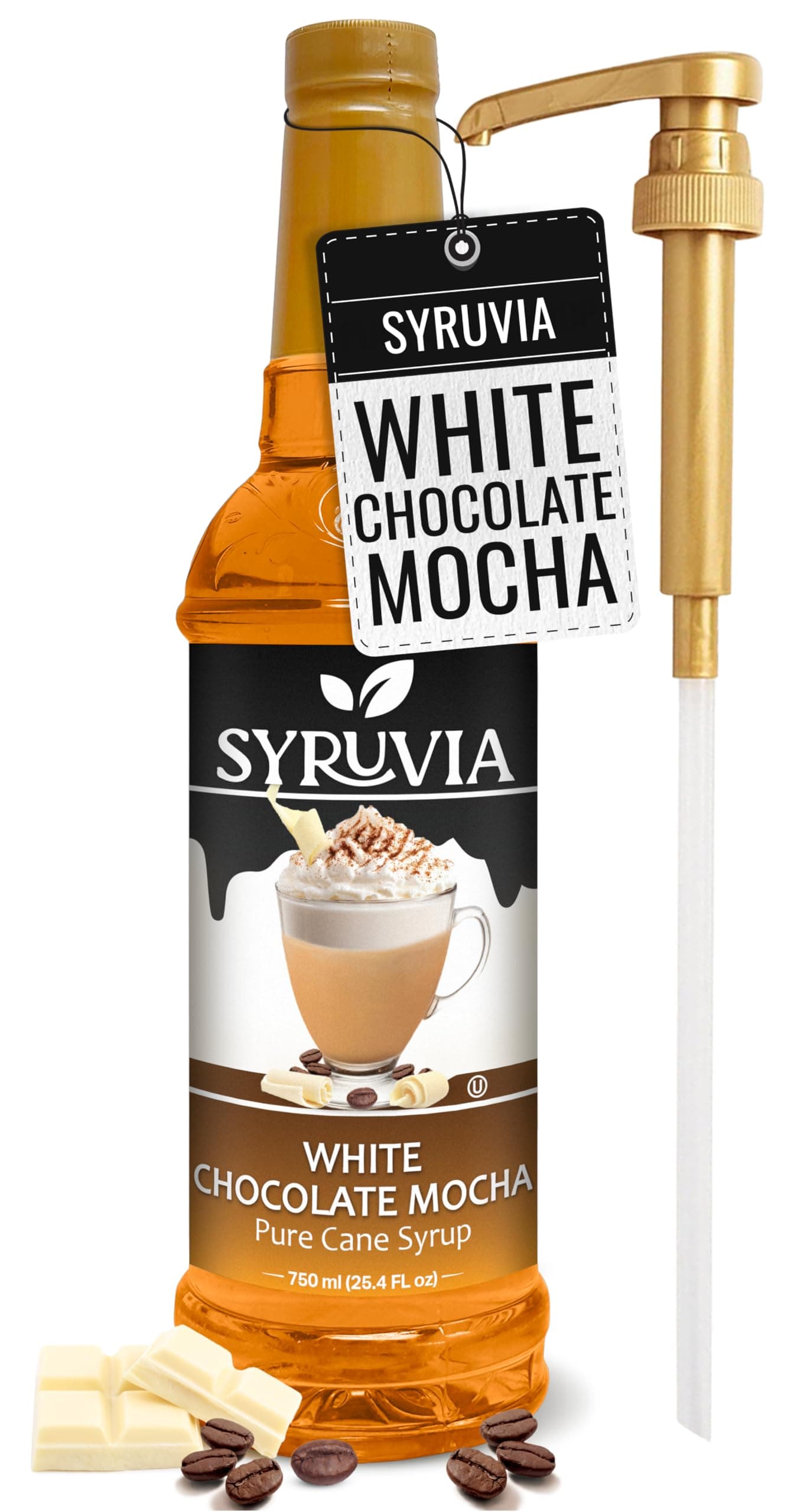 Syruvia White Chocolate Mocha Coffee Syrup - 25.4 fl oz -No Coloring, Perfect for Drinks, Soda, Shakes, Desserts, and More With Pump