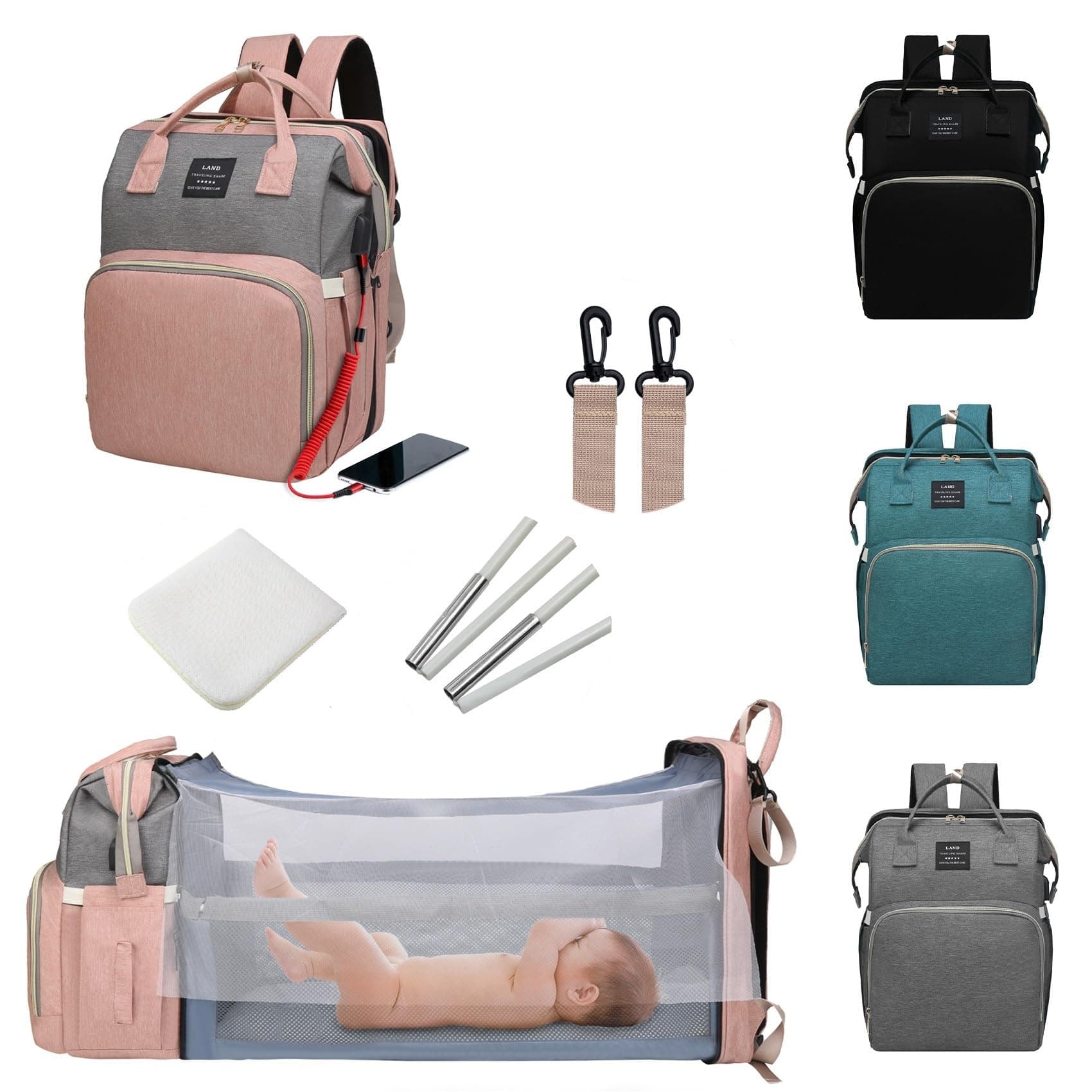 Diaper Bag with Changing Station,Diaper Bag Backpack，7 in 1 Travel Baby Diaper Bag,Mommy Bag With USB Charging Port (Pink-Grey)