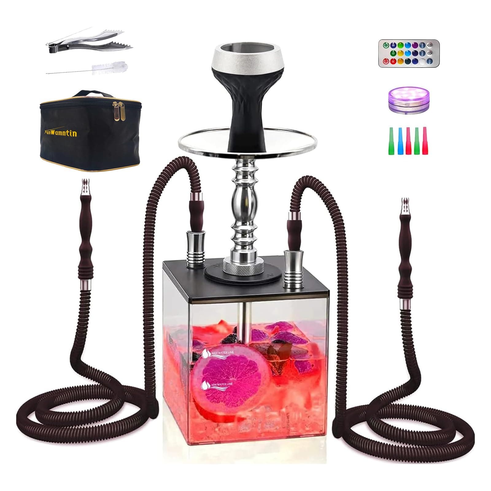 2 Hose Large Cloud Production Acrylic Hookah Set with Everything, Travel Kit with LED Hookah Machine for Shisha Smoking Experience（Black）