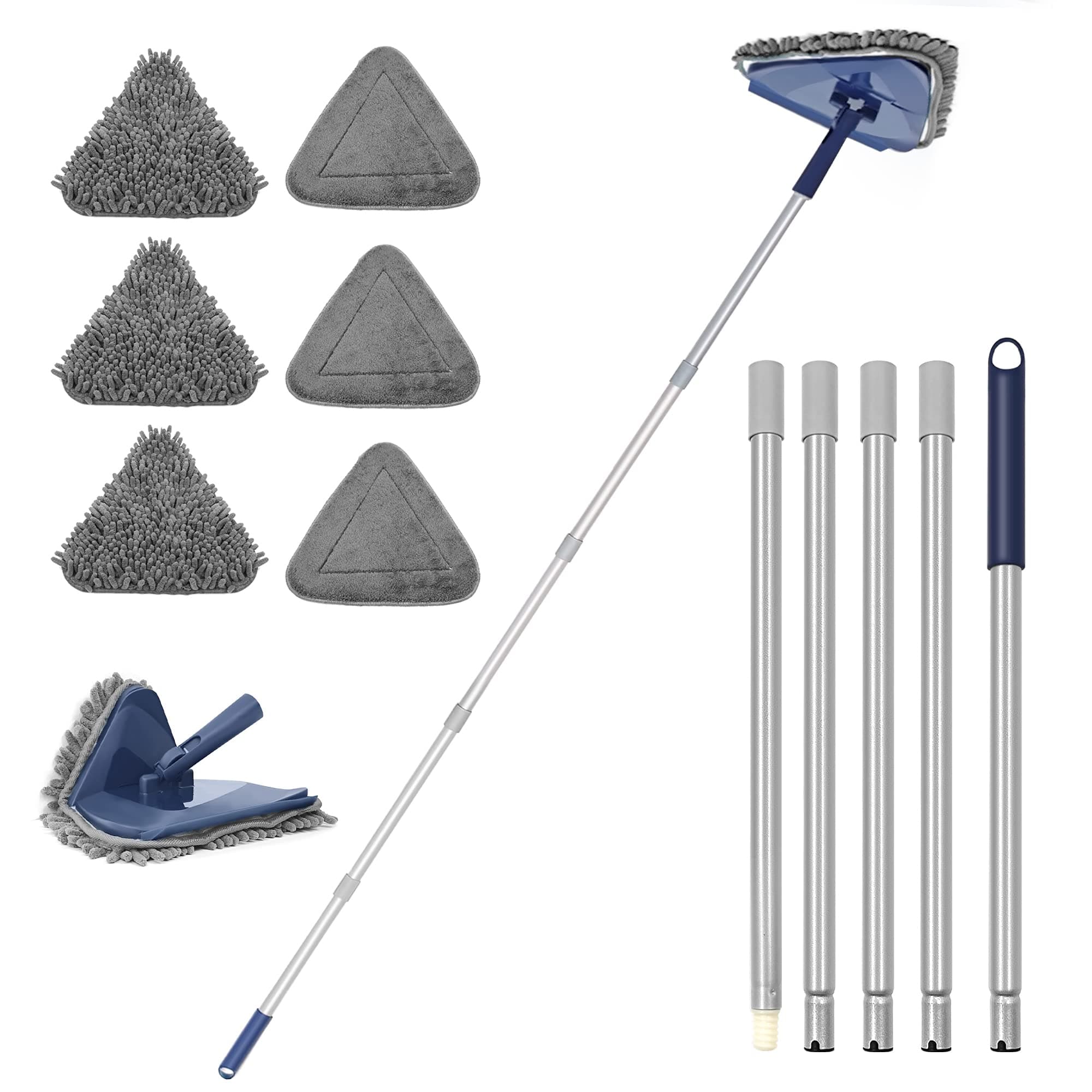 JEHONN 200CM Wall Cleaning Mop with Long Handle, 3-in-1 Ceiling Cleaner Tool Duster with 6 Replacement Microfiber Chenille Pads for Painted Walls, Window, Floor, Baseboard (Dark Blue)