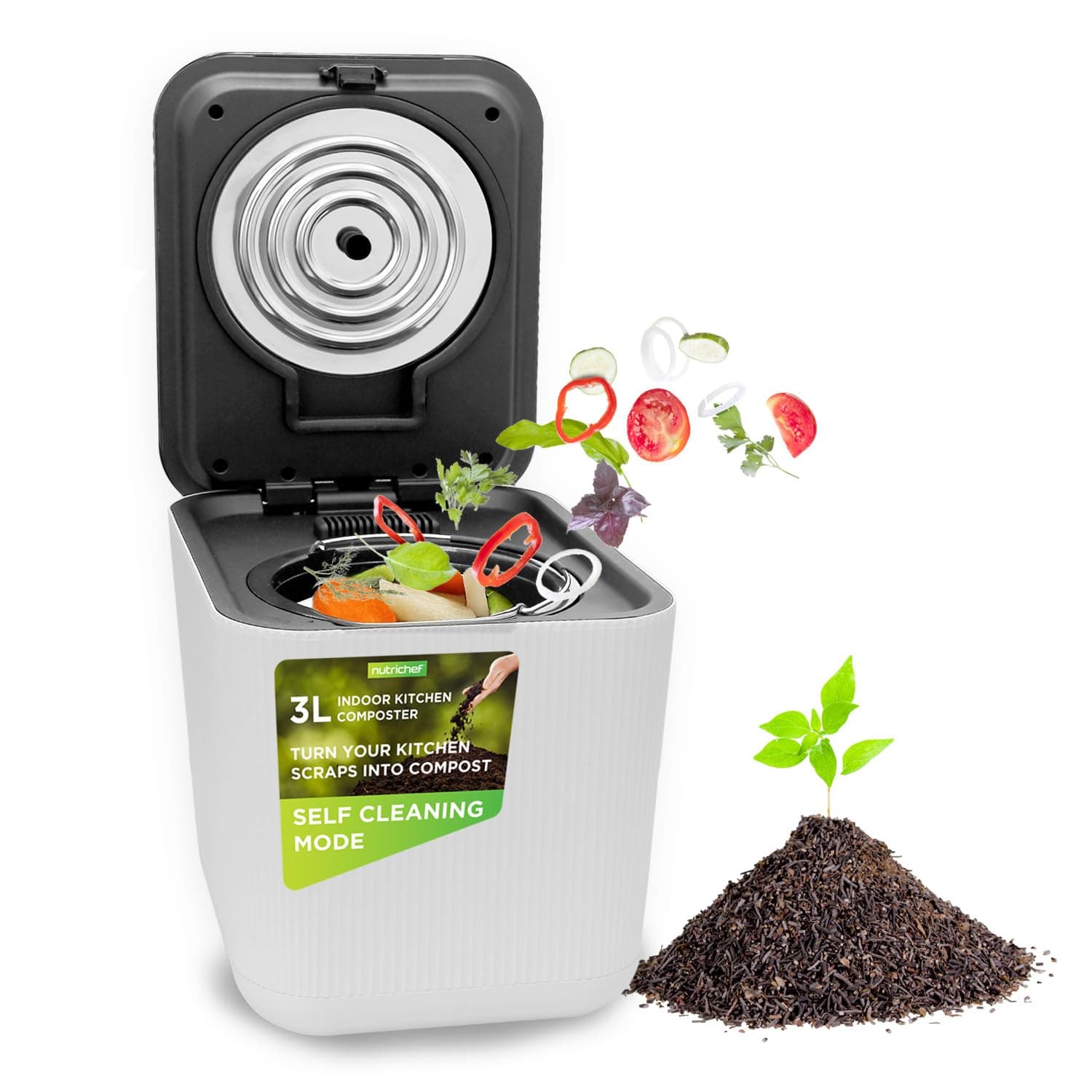 Nutrichef 3L Electric Kitchen Composter - Compost’s Organic Material & Food Scraps | Countertop Automatic Compost Bin | Dry, Crush, & Cooling Functions | Perfect for Kitchens & Apartments
