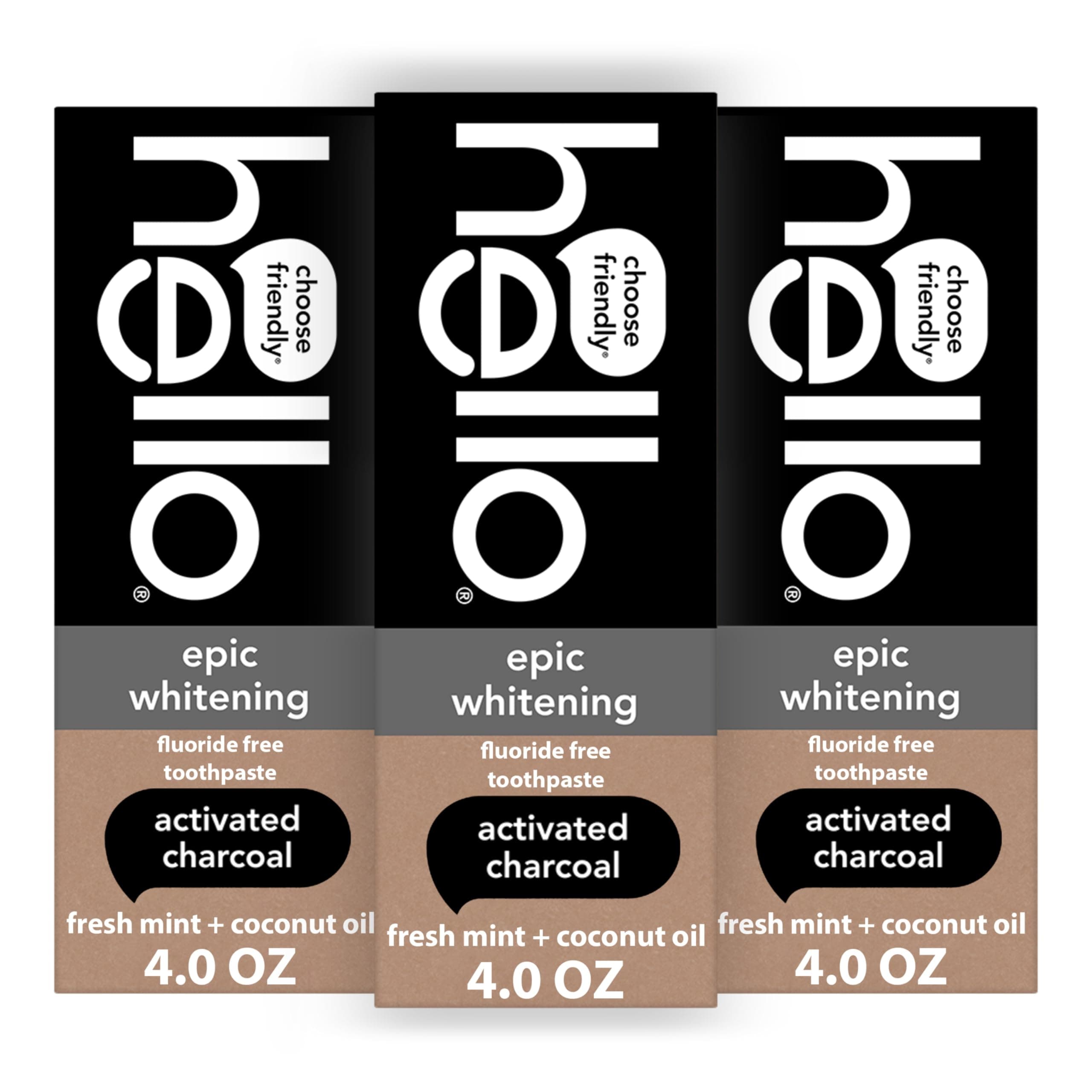 Epic Whitening Charcoal Fluoride Free Toothpaste, Activated Charcoal Toothpaste with Coconut Oil, Whitens Teeth Naturally, SLS Free, Fresh Mint, 3 Pack, 4.0 Oz Tubes