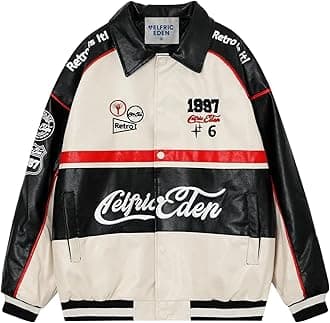 Aelfric EdenMens Faux Leather Varsity Jacket Vintage Racing Motorcycle Bomber Jackets Oversized Unisex Streetwear Jacket