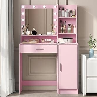 Vanity Desk with Mirror and Light, Large Drawer and Three Level Storage Dresser, 3 Lighting Modes Adjustable Brightness, Bedroom Dressing Table (Pink)