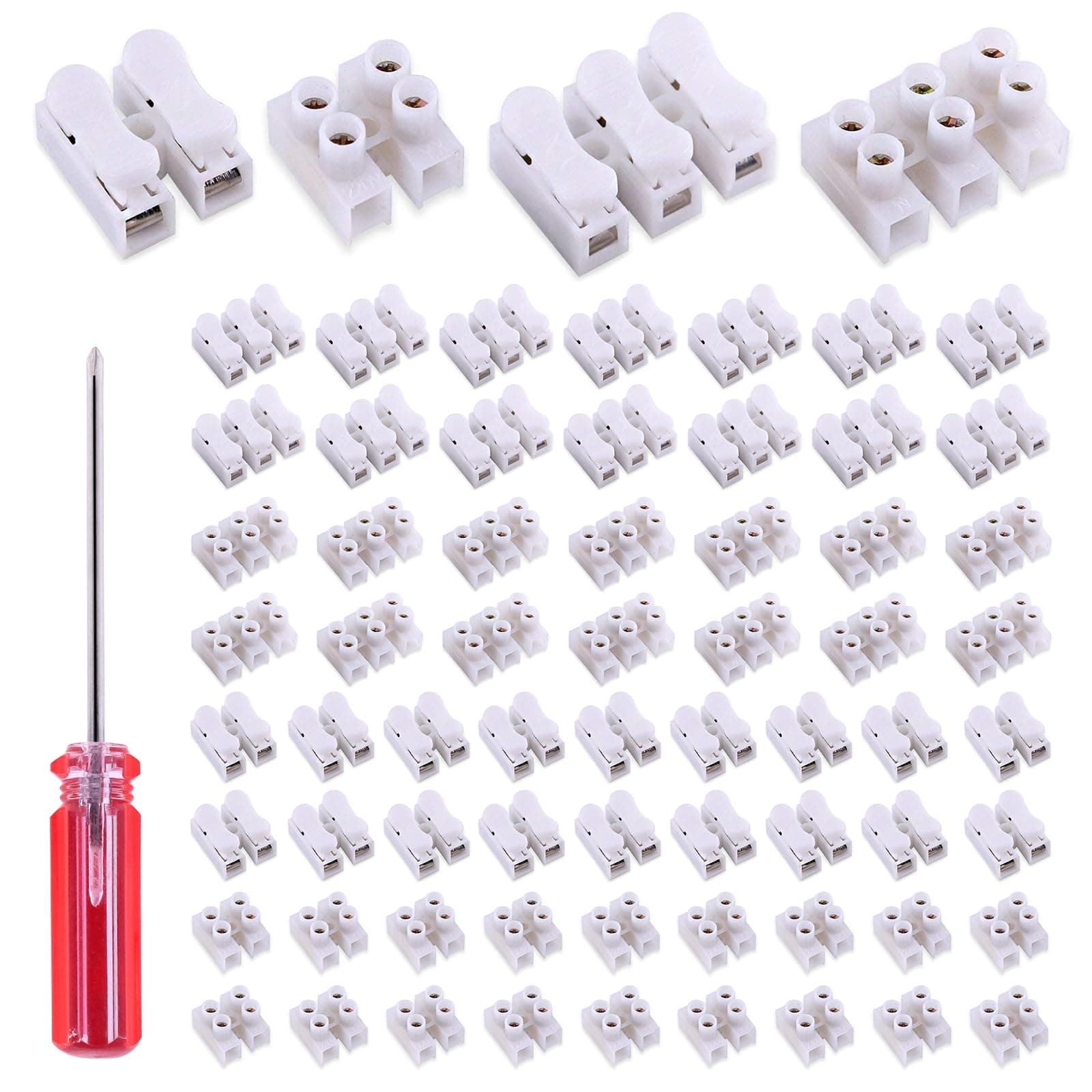 100Pcs 2P CH2 + 3P CH3 Quick Connector Spring Wire Connector Screw Terminal Barrier Block for LED Strip Light Wire Connecting - 4 Styles