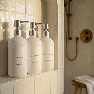 Stylish Shampoo and Conditioner Dispenser Set of 3 - Modern 21oz Shower Soap Bottles with Pump and Labels - Easy to Refill Body Wash Dispensers for an Instant Bathroom Decor Upgrade - White
