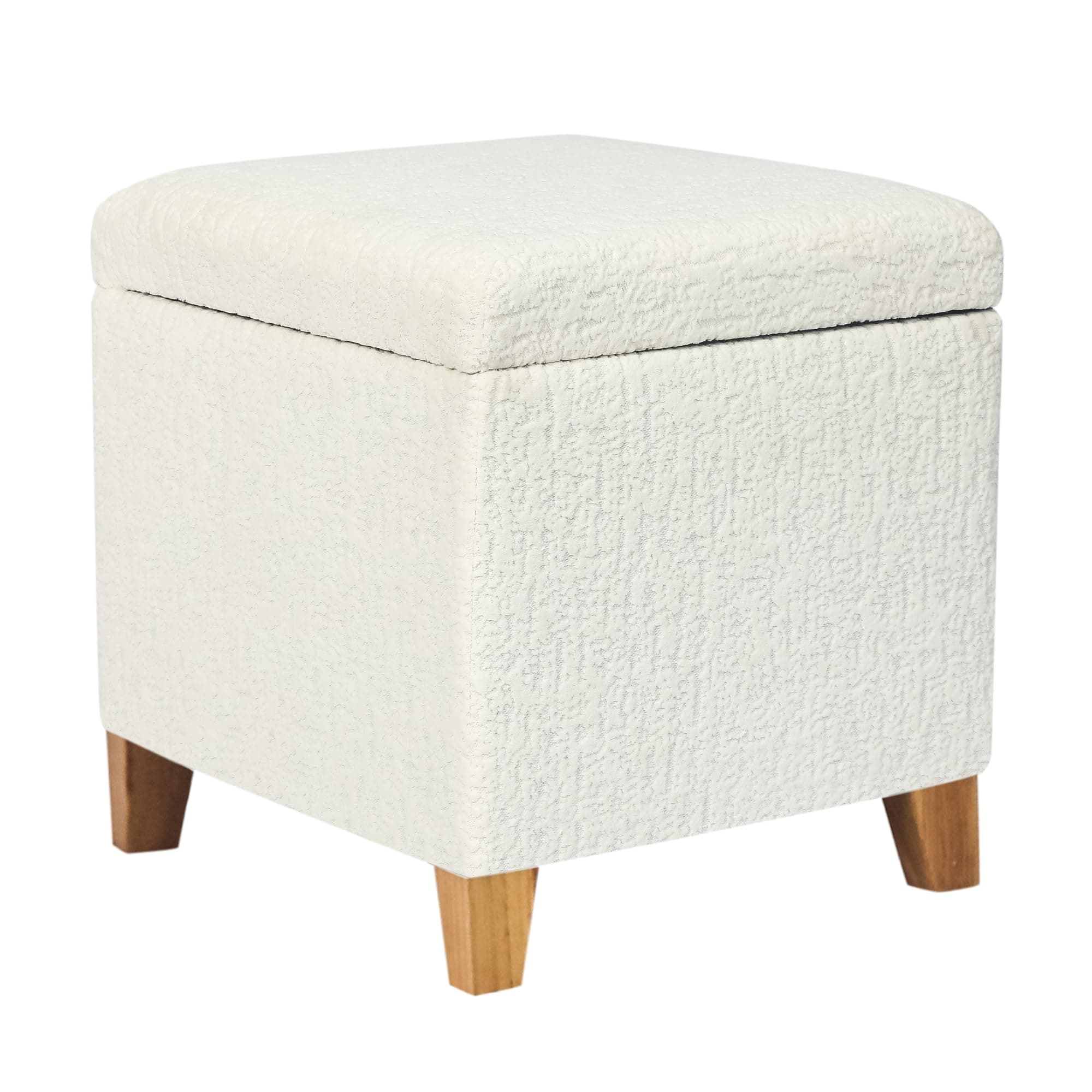 Adeco 18 Inch High Faux Fur White Cube Ottoman Storage, 3D Embossed Velvet Chair Foot Stools, Upholstered Vanity Stool with Hinged Lid, Solid Wood Legs