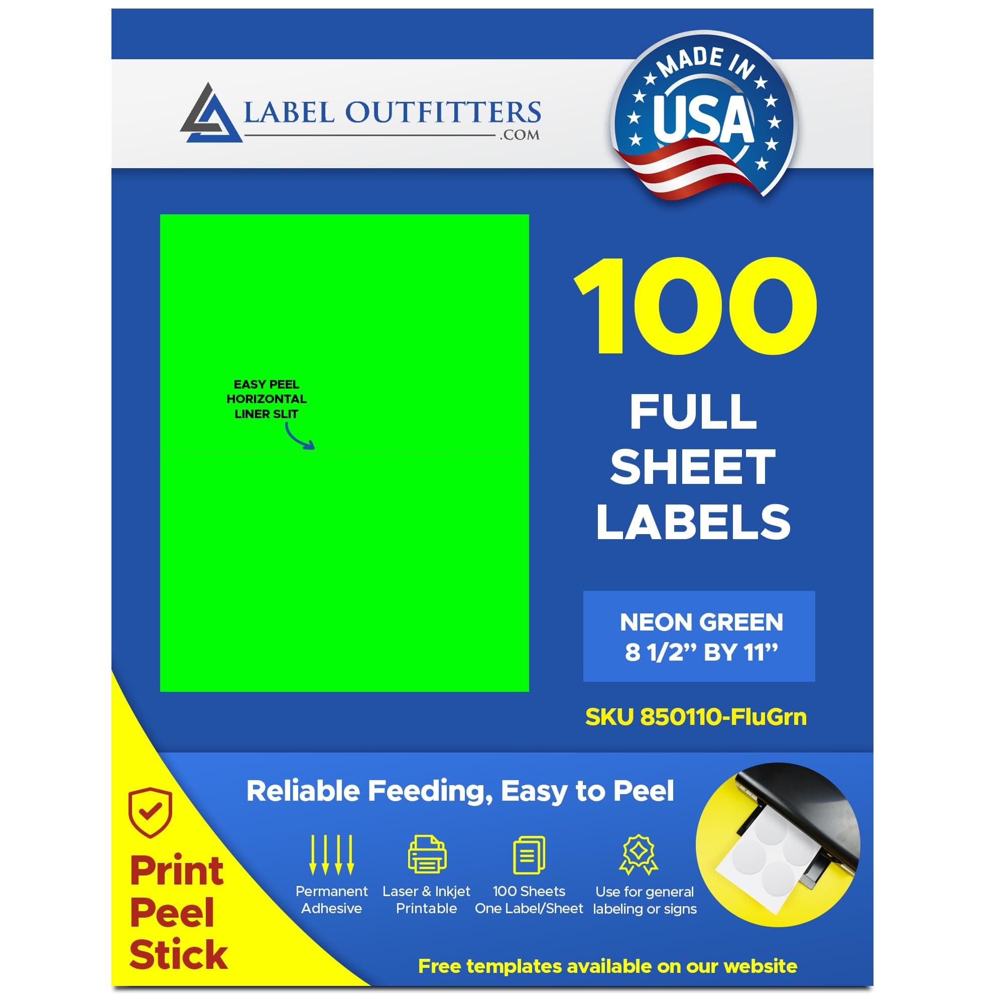 100 Label Outfitters® Full Sheet Fluorescent Neon Green Laser Printer Labels, 100 Sheets