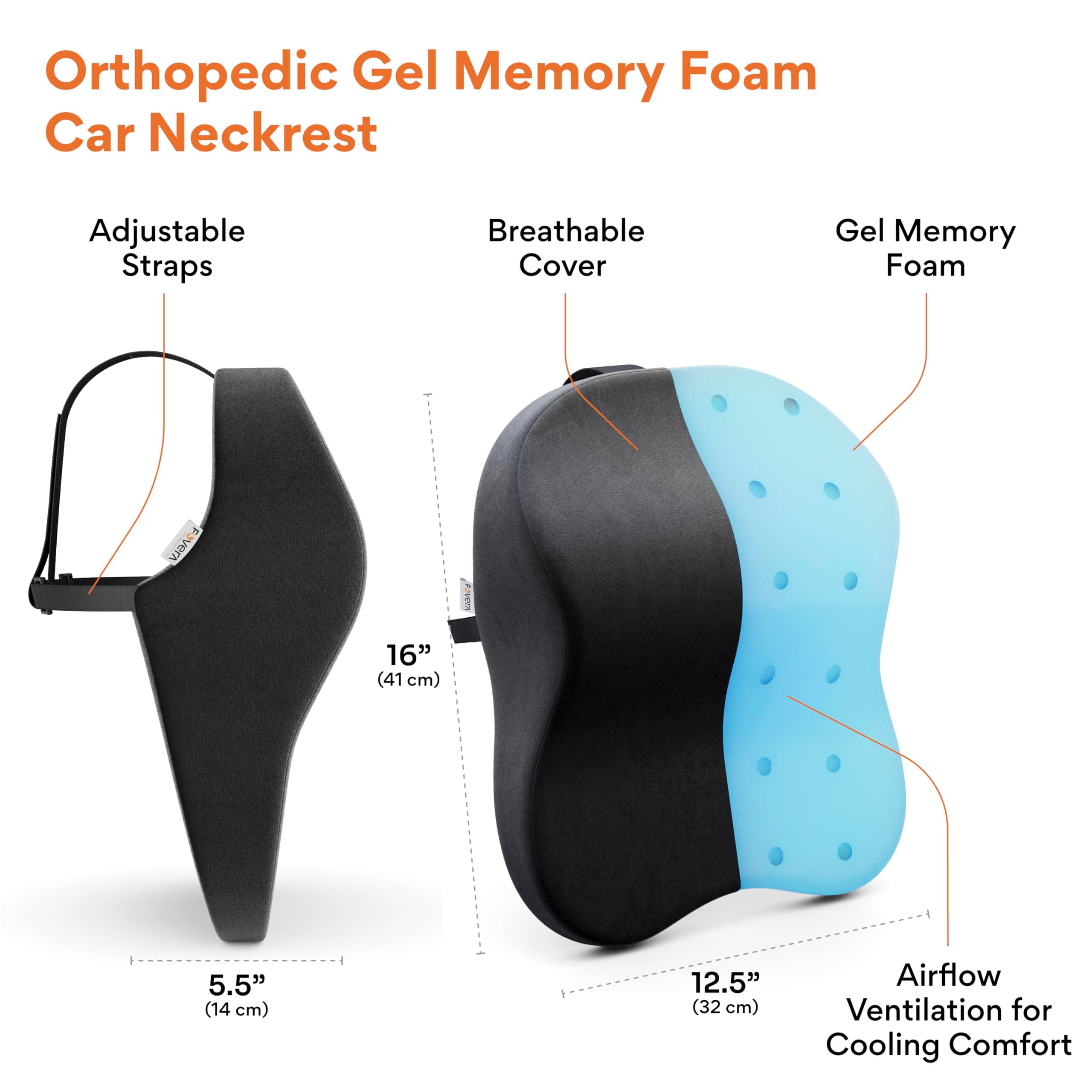 FOVERA Memory Foam Car Back & Seat Cushion Combo Pack | Driving & Daily Commute | for Back Pain, Tailbone Sciatica Pain Relief, for All Cars (Black) (Black (pack of 1), Neck Rest (Large))