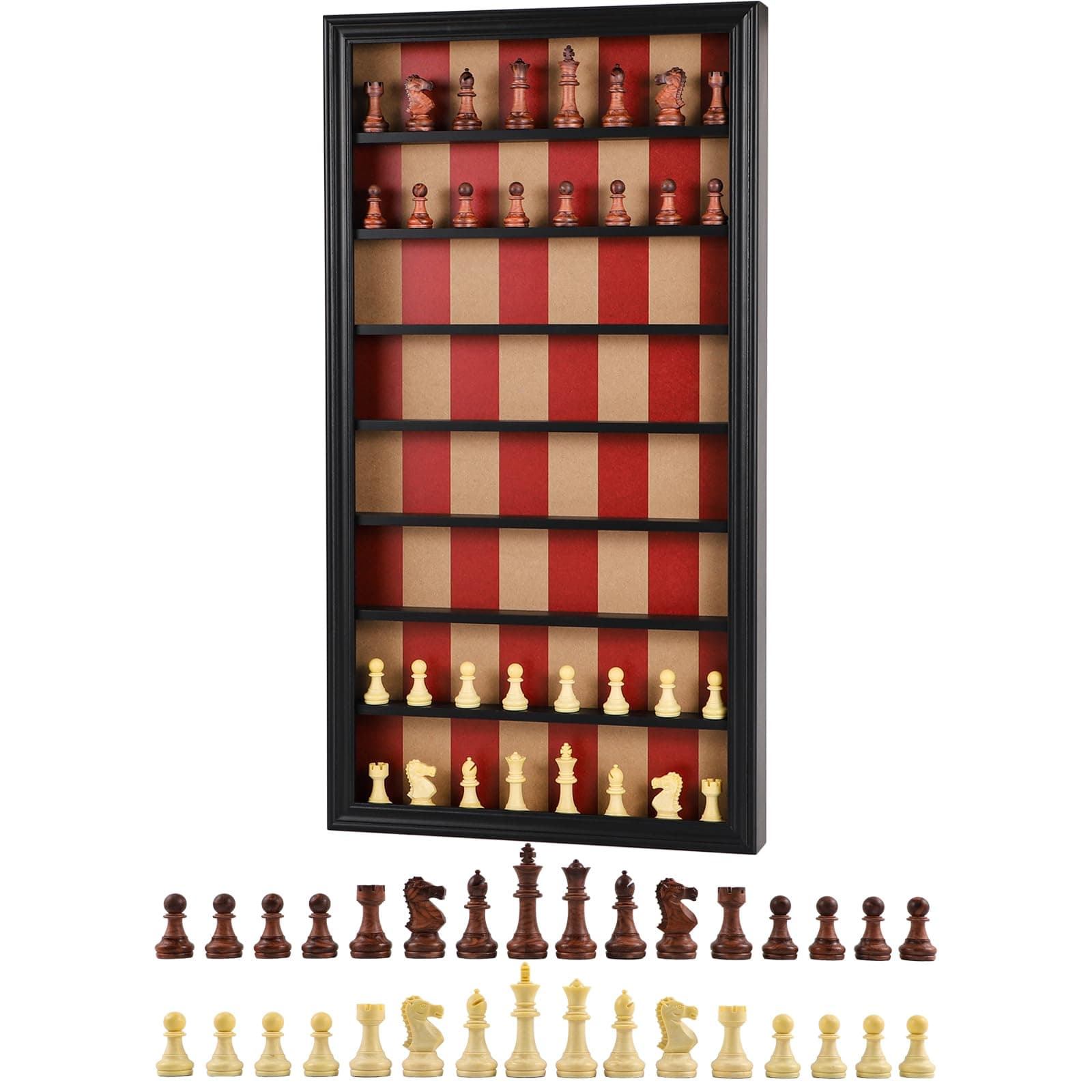 Giant Wall Mounted Board Game Wooden Chess Game Set with A Complete Set of Carved Chess Pieces Vertical Display Cabinet for Home Games Hanging Art Home Decoration (Black)
