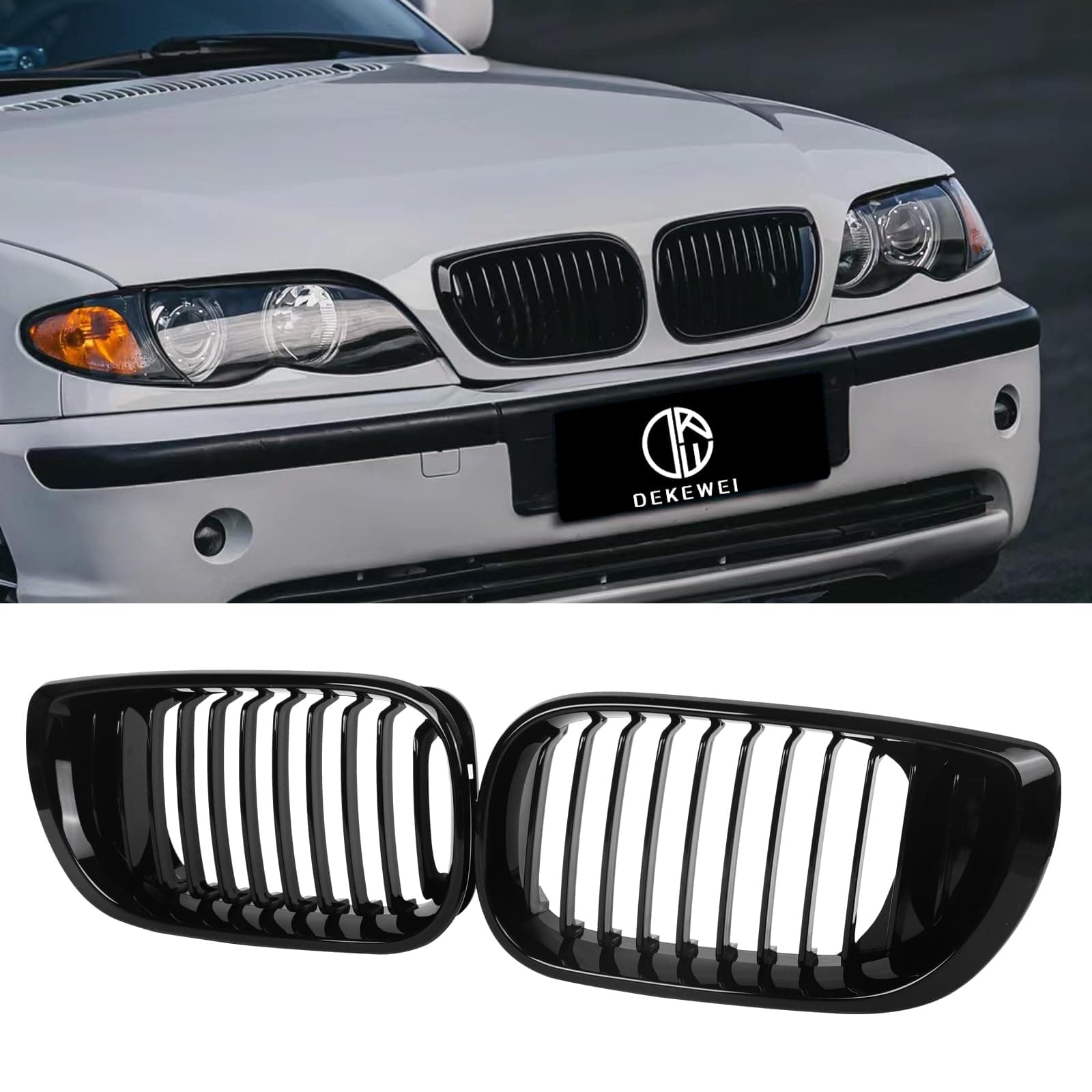 E46 Grille, Front Kidney Grill Compatible with BMW 3 Series 2002-2005 E46 4-Door 320i 325i 325xi 330i 330xi Single Slat Gloss Black Grill