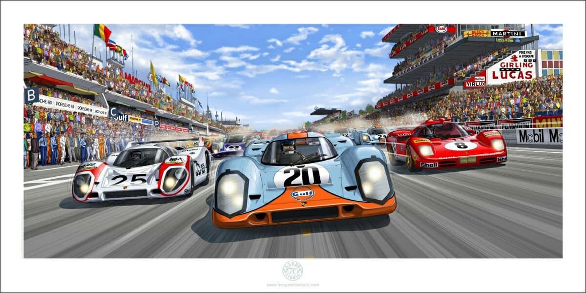 Garbo Studio From Steve McQueen in Le Mans - Perfect Racing Car Colorful Satin Art Print “The Race Is ON” - McQueen Porsche 917 Ferrari 512 Design Room Decoration Wall Mural - 100 x 50 cm