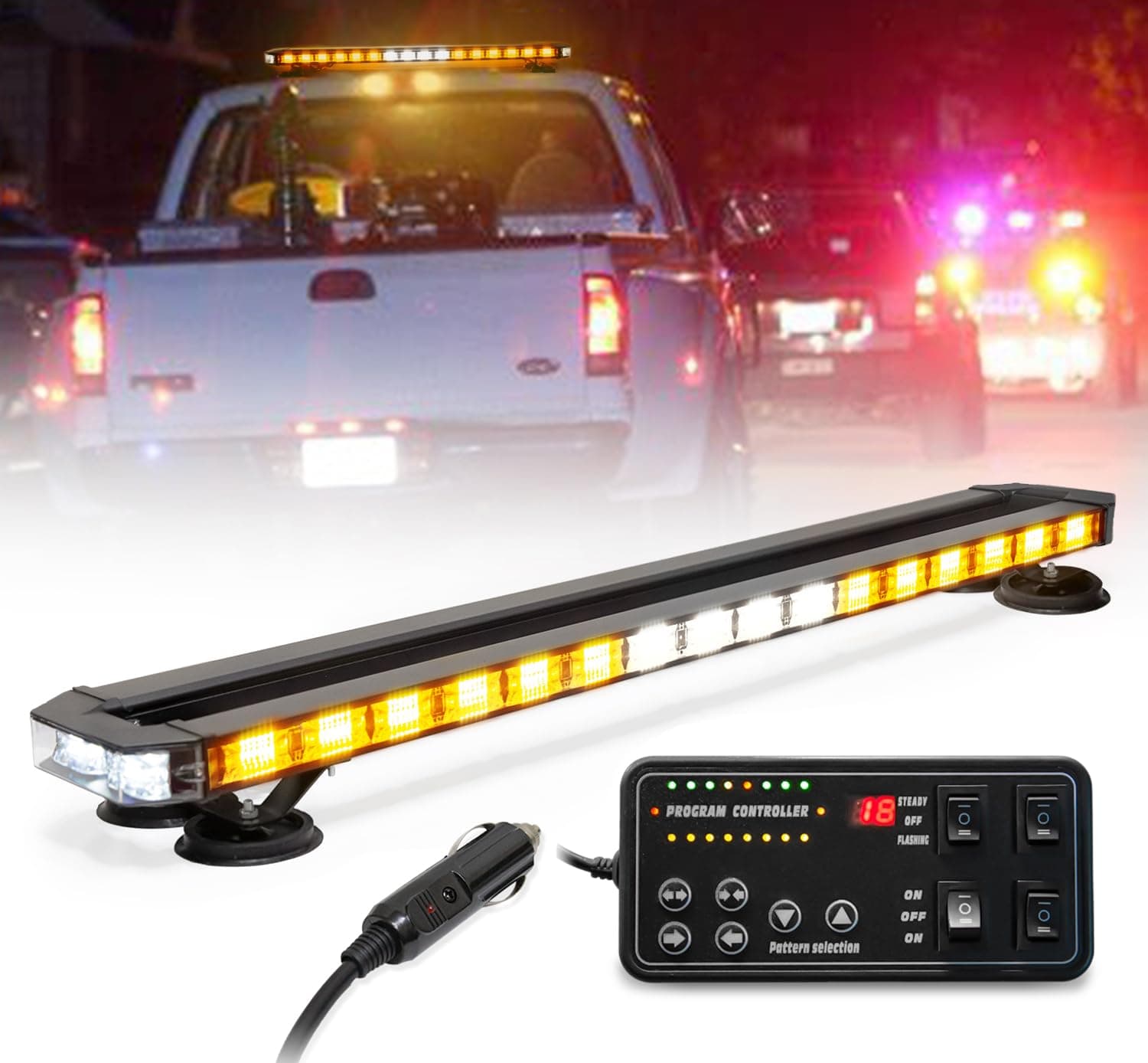 38 Inch 216 LED Rooftop Strobe Emergency Lights Bar w/Controller Amber Warning Flashing Traffic Lightbar and White Alley Take Down Light for Construction Vehicles Towing Work Trucks Snow Plow