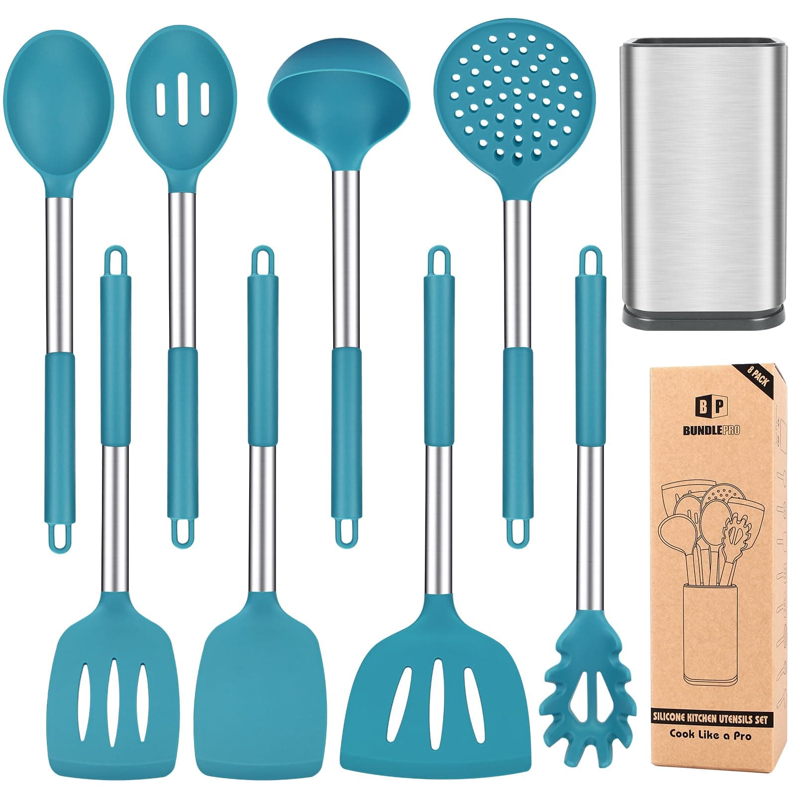Silicone Cooking Utensil Set with Holder, 8 Pcs Non-Stick Cookware with Stainless Steel Handle, BPA Free Heat Resistant Kitchen Tools with Spatulas, Turners, Spoons, Skimmer and Pasta Fork (Blue)