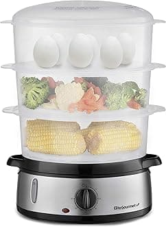 Elite Gourmet Maxi-Matic Electric Food Vegetable Steamer with BPA-Free 3 Tier Stackable, Nested Basket Trays, Auto Shut-off 60-min Timer, 800W, 9 Quart, Stainless Steel